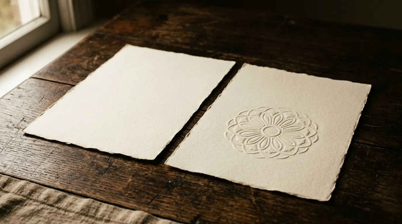 Two blank cream sheets side by side, one with a raised blind-embossed rosette