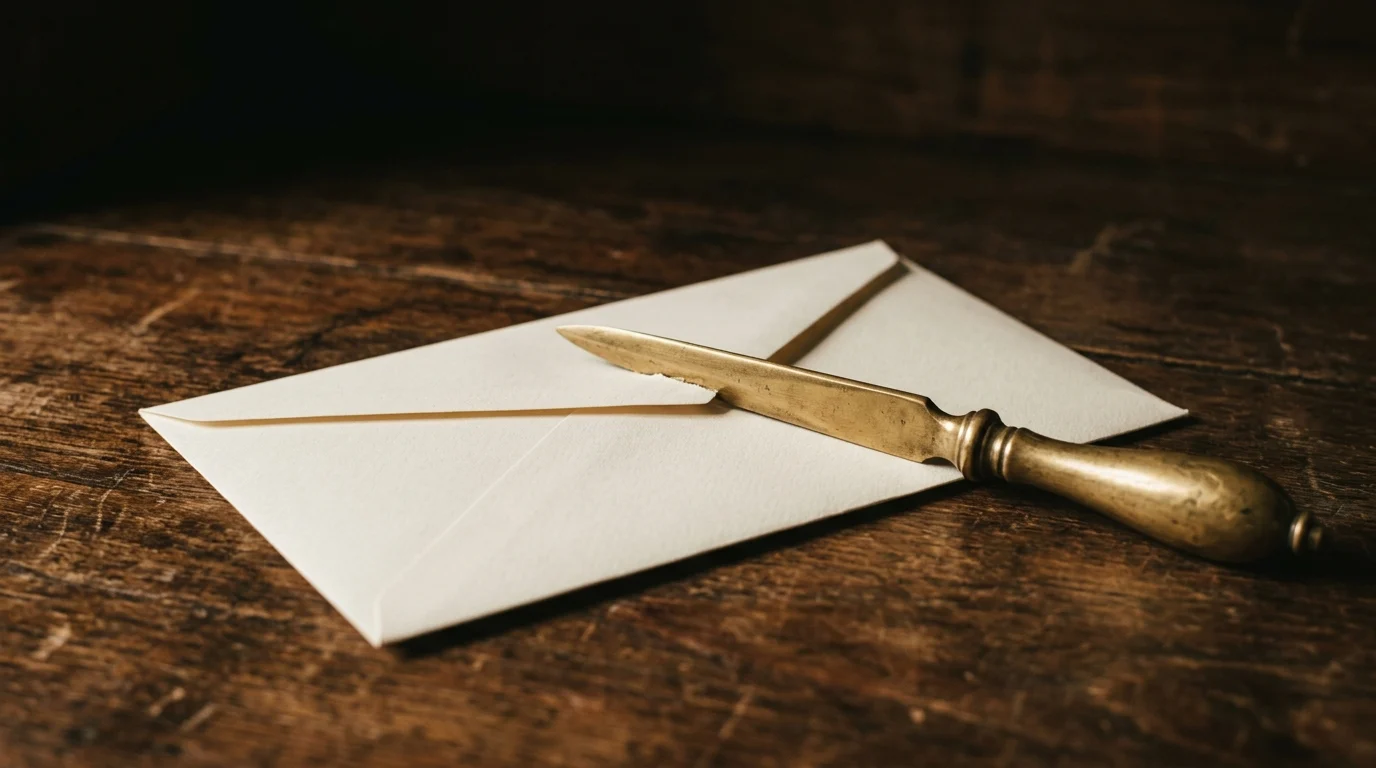 A brass letter opener slitting the edge of a blank sealed envelope