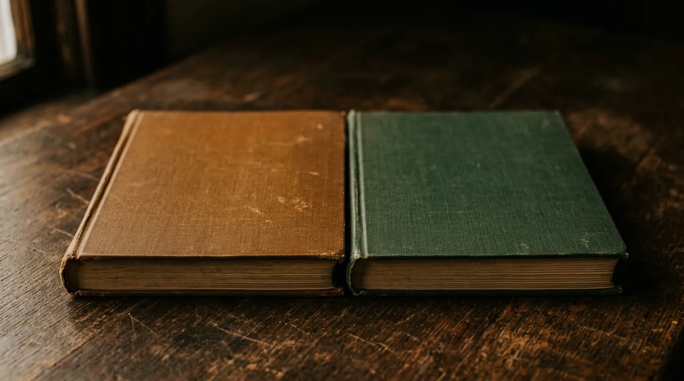 Two cloth-bound ledgers of different colours lying closed side by side