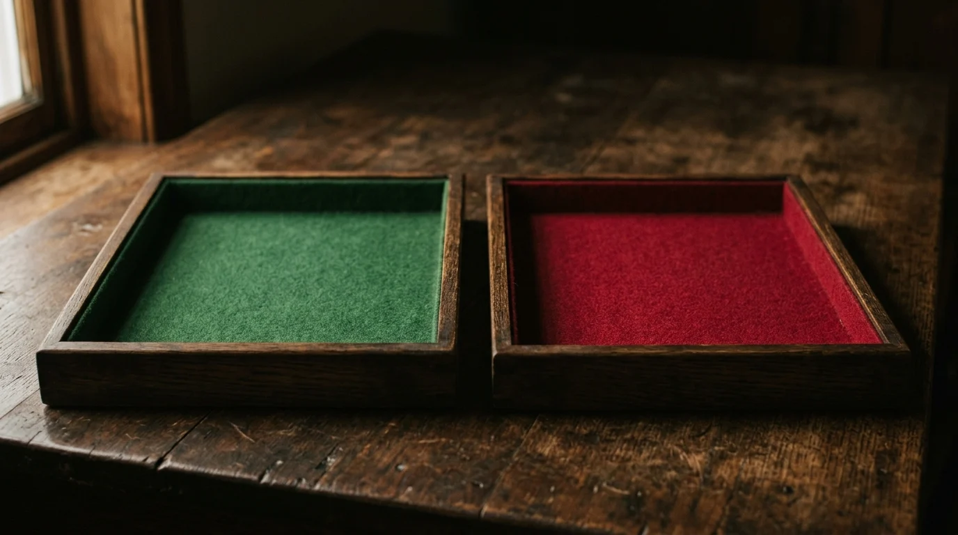 Two identical wooden trays side by side, one lined with green baize and one with red