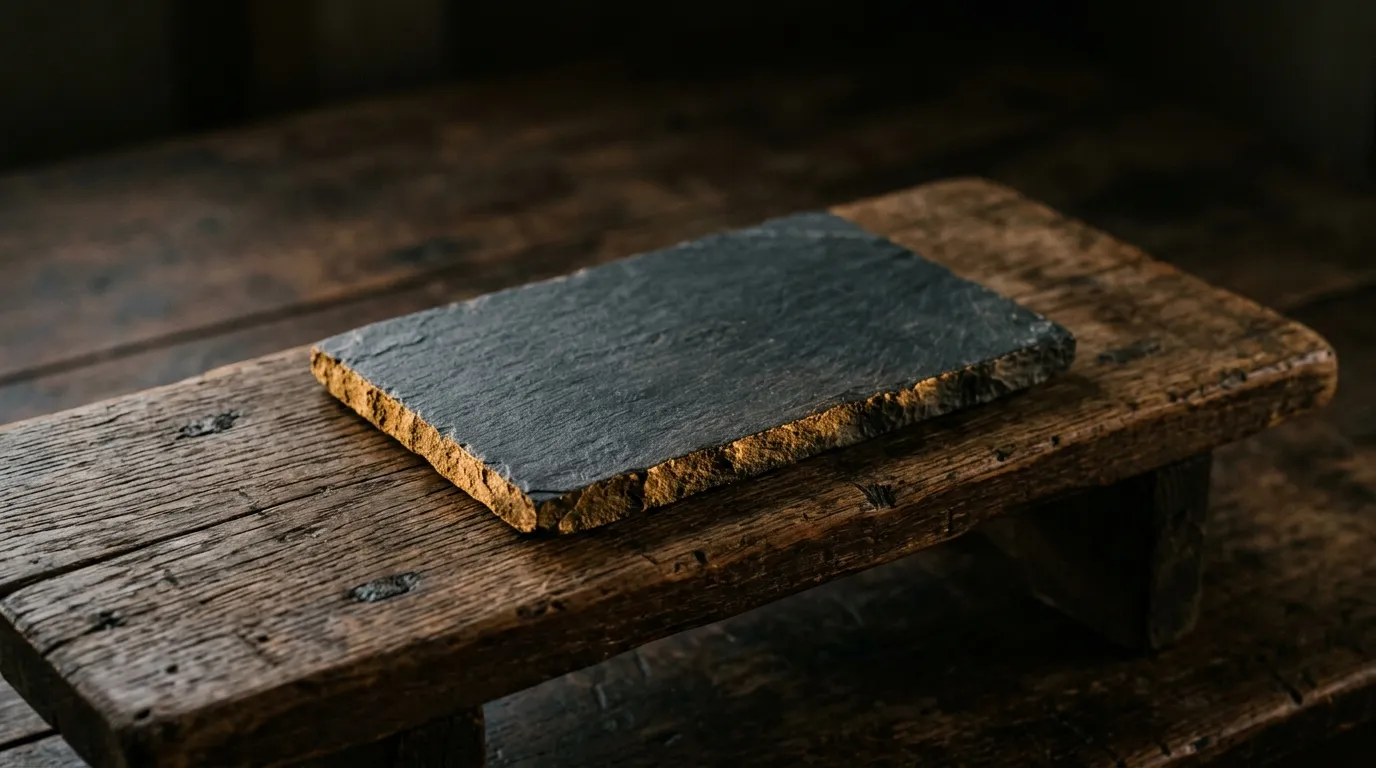 A plain rectangular slab of dark stone resting on a wooden bench