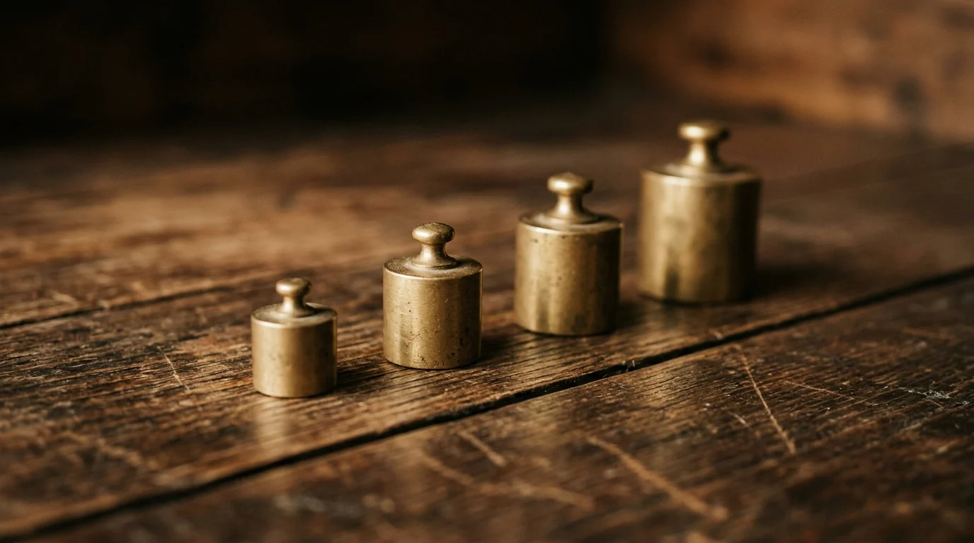 Four brass weights of increasing size arranged in a rising line