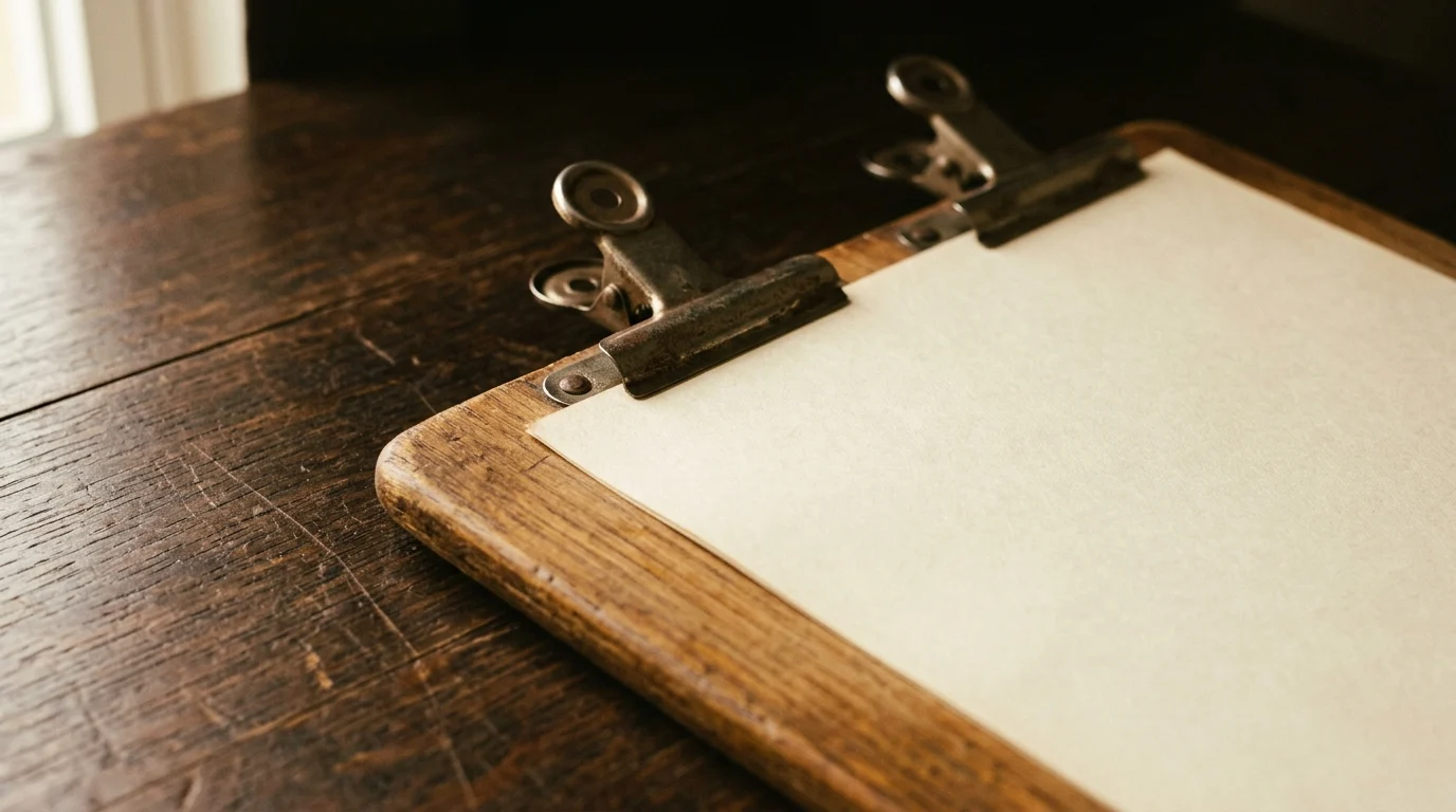 A wooden drawing board corner with two spring clips holding a blank sheet