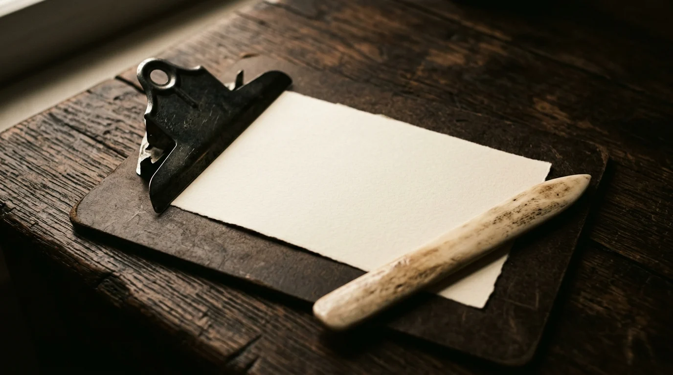 A bone folder and a blank slip on a clipboard with a heavy steel clip