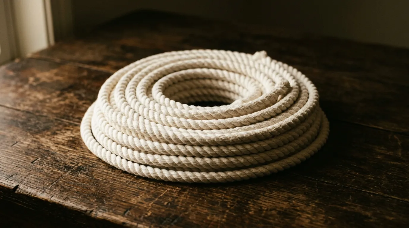 A coil of new white cotton rope lying neatly on dark wood
