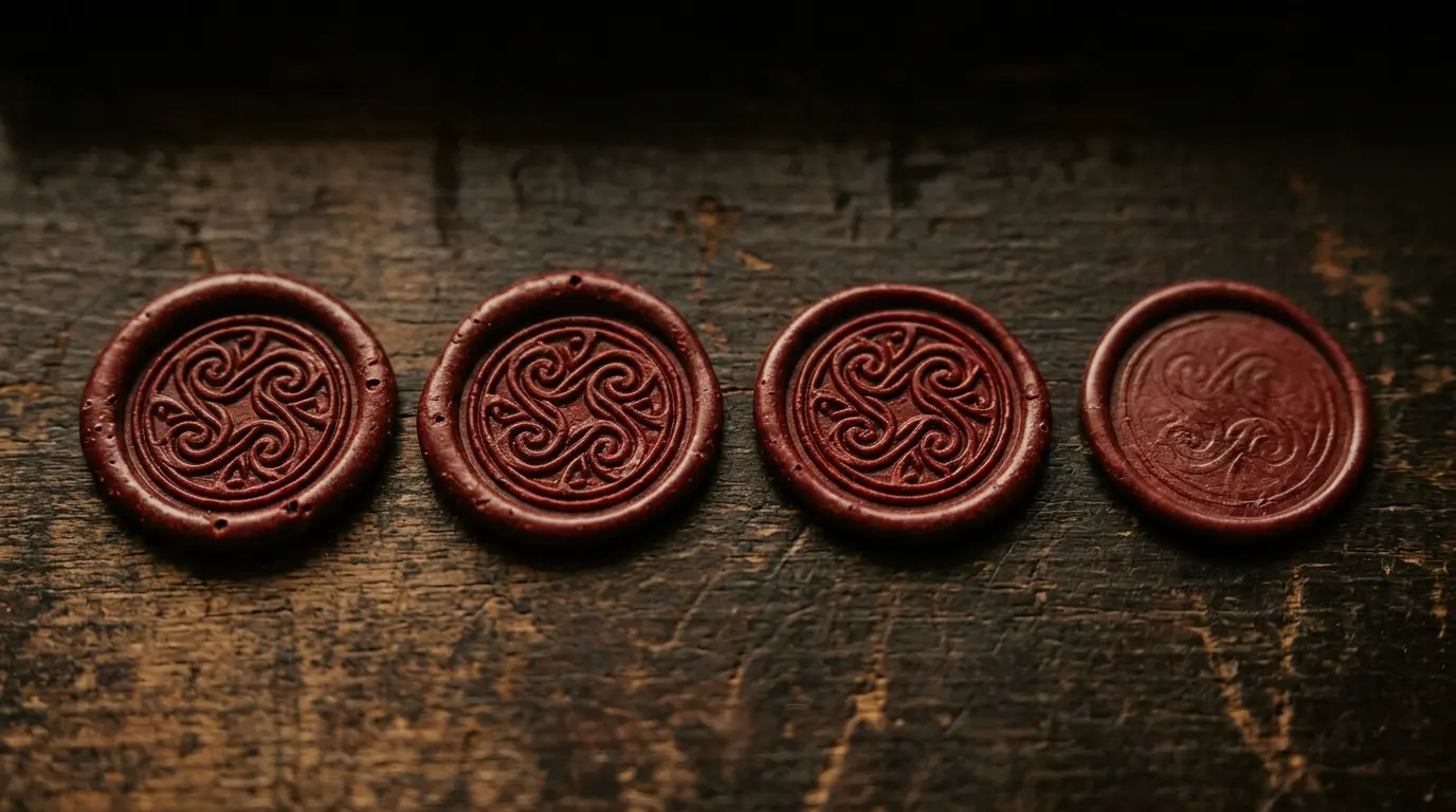Four wax seals of the same size, three crisply impressed and one barely pressed