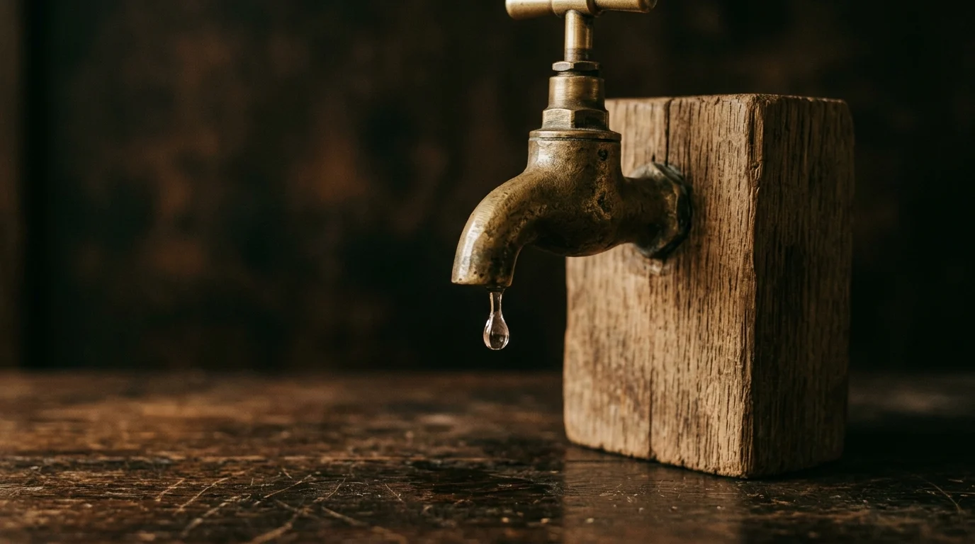 A brass tap on a wooden block with a single drop of water at its mouth