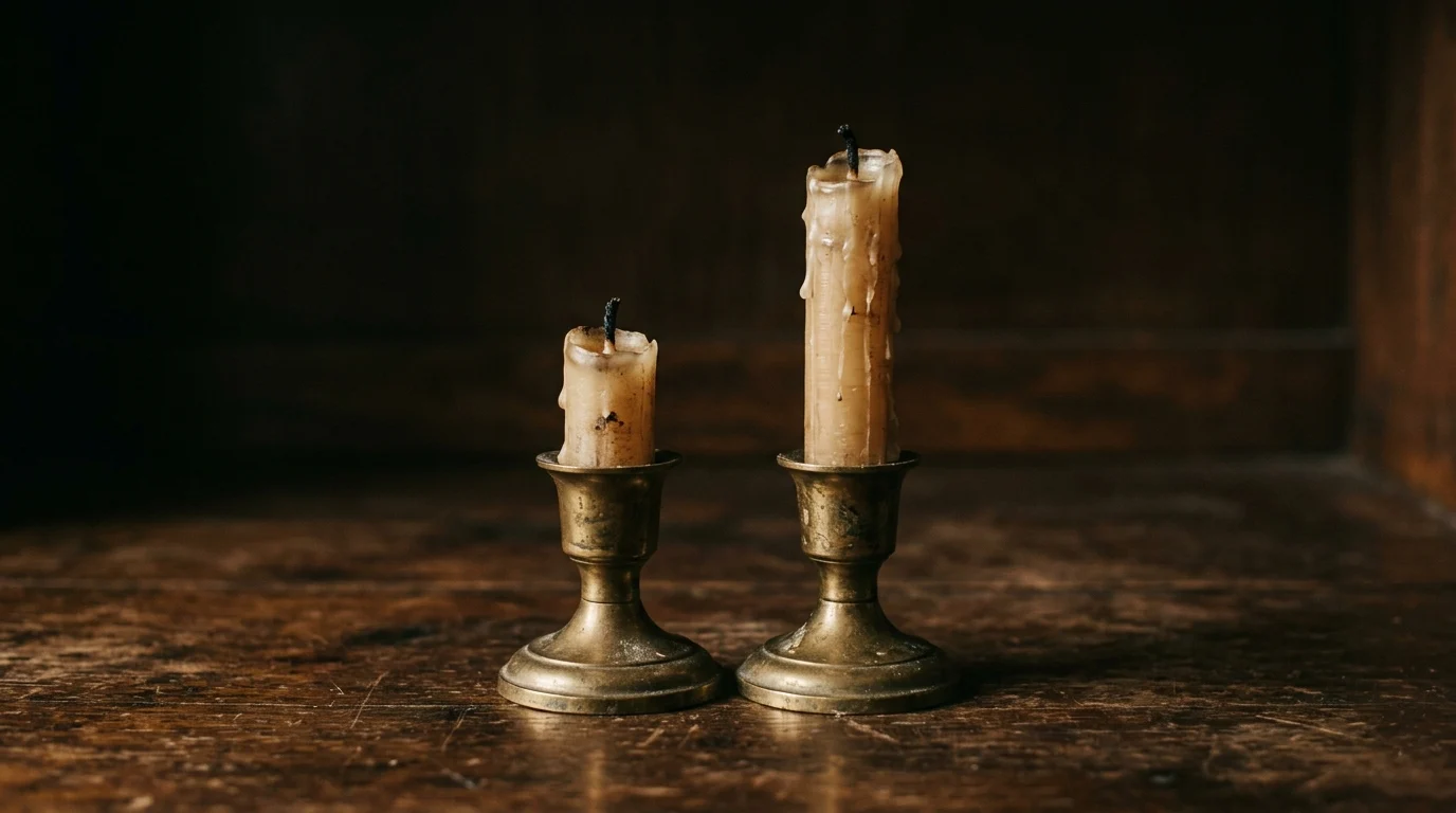 Two candle stubs of unequal remaining height standing in brass holders