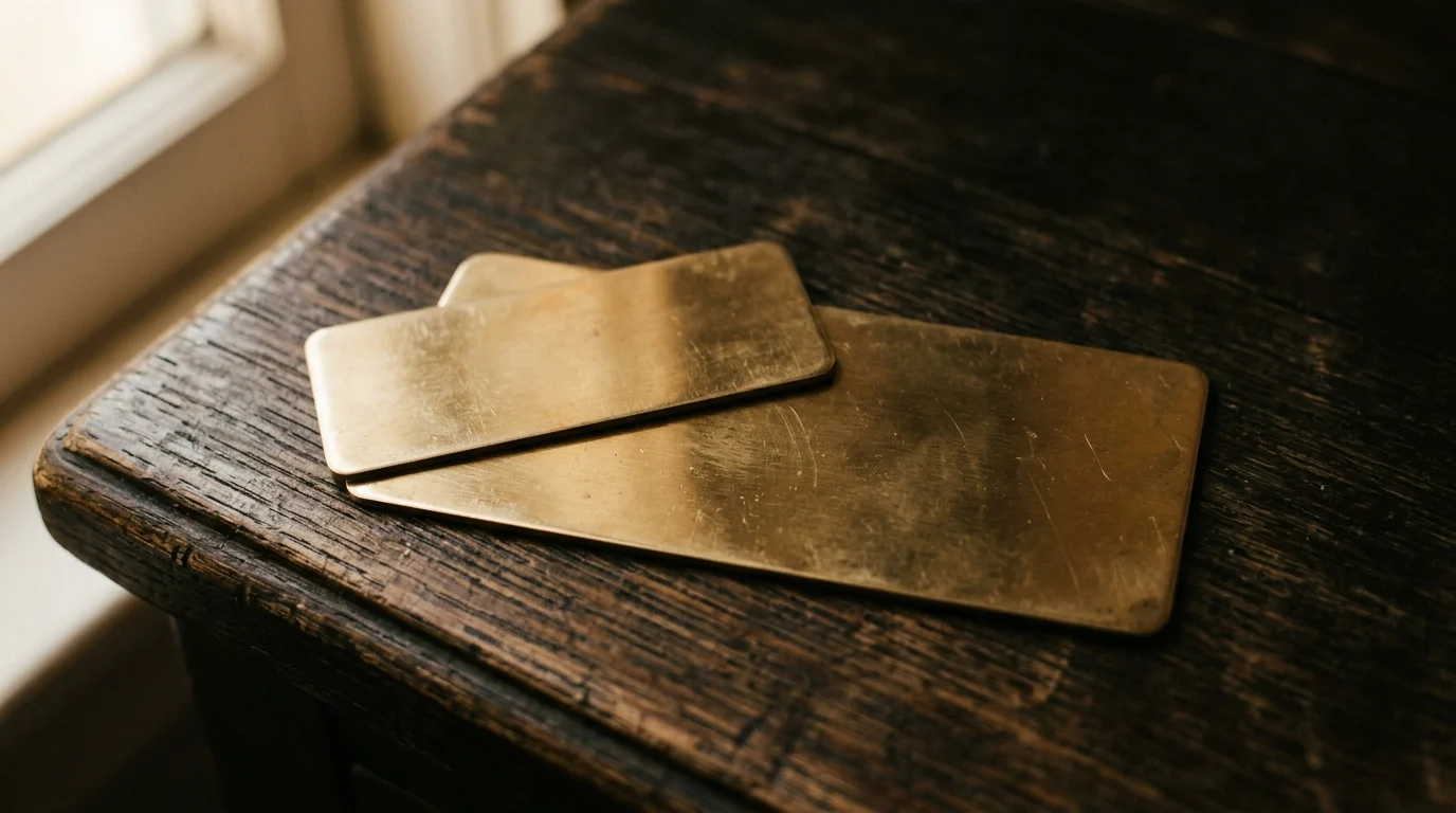 Two blank brass nameplates of different sizes lying one overlapping the other