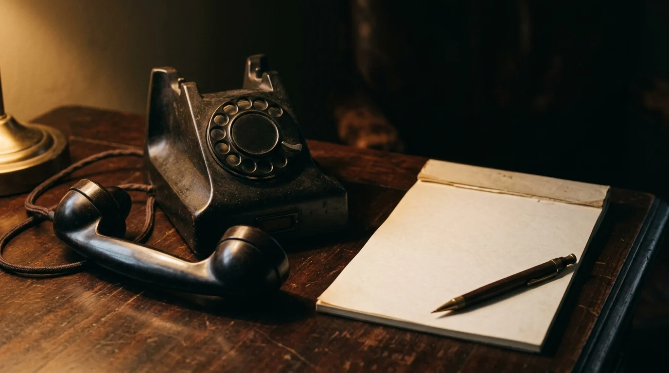 A bakelite desk telephone handset resting off its cradle beside a blank notepad