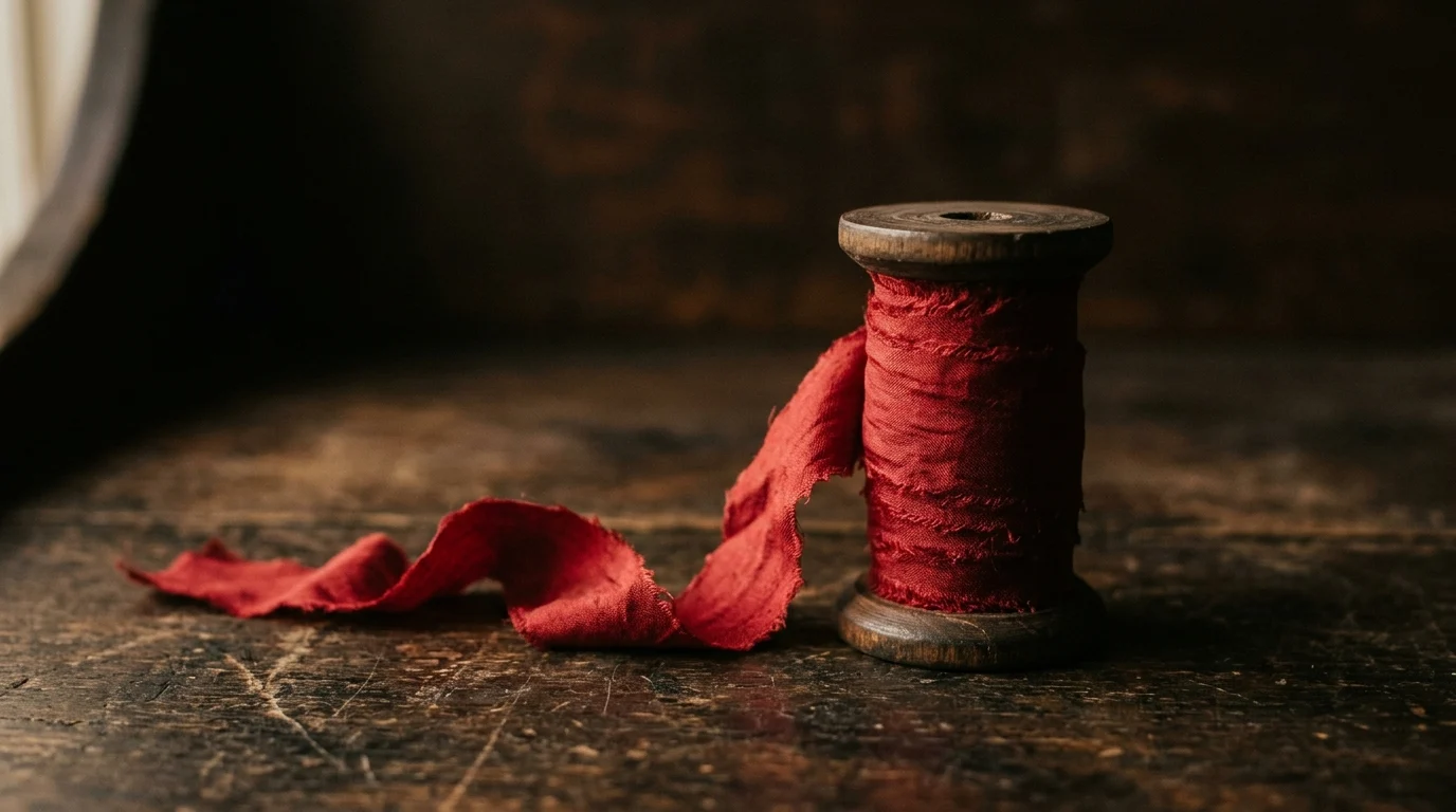 A spool of red sealing ribbon with a loose length trailing from it