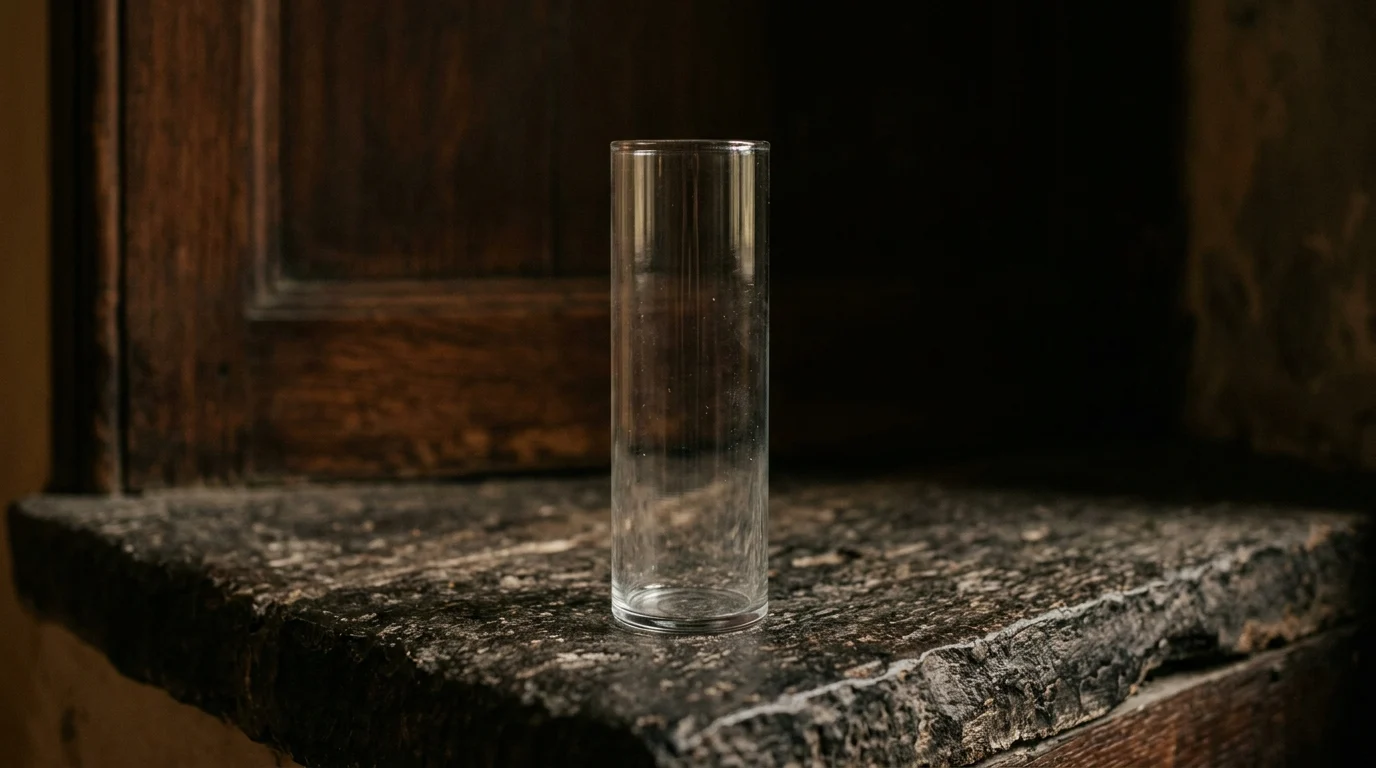 An empty glass rain-gauge cylinder standing on a dark stone sill