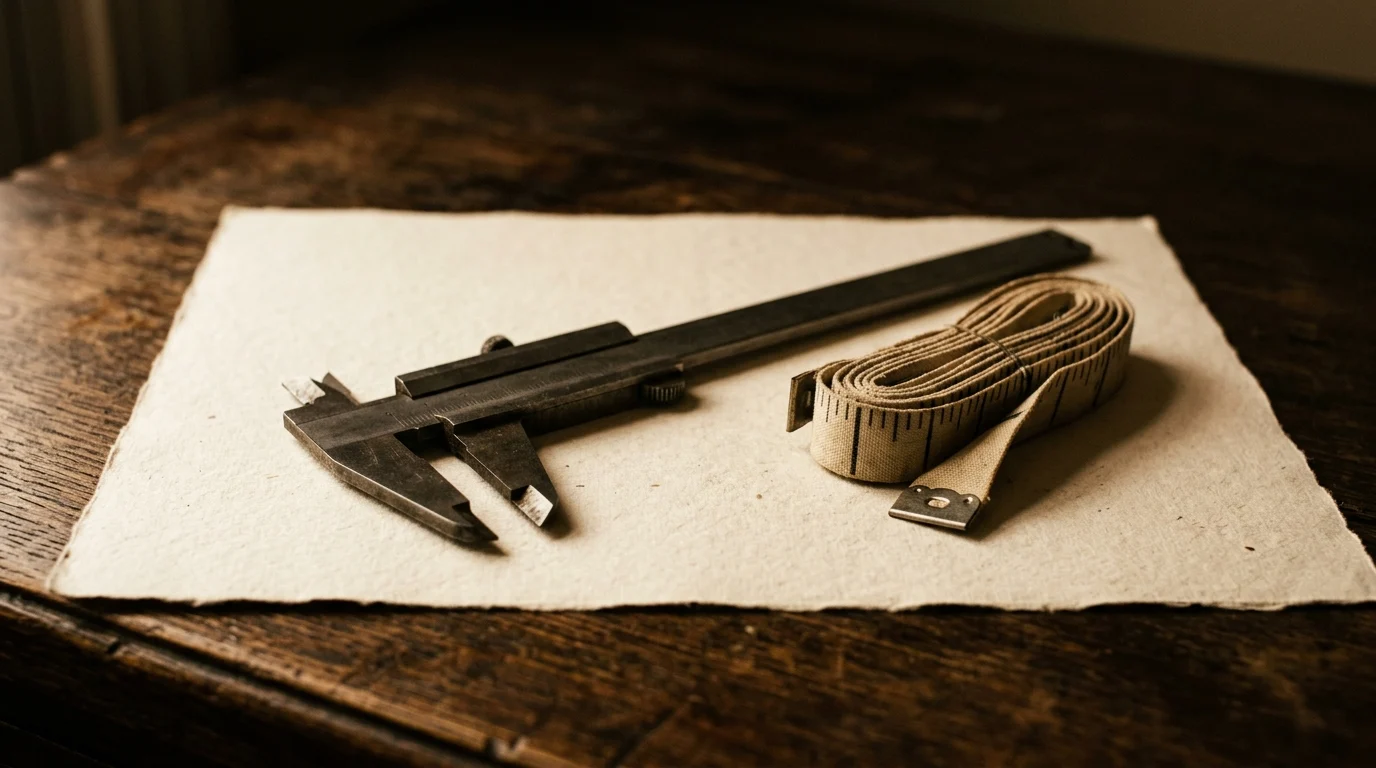 A vernier caliper lying closed on a blank sheet beside a folded cloth tape