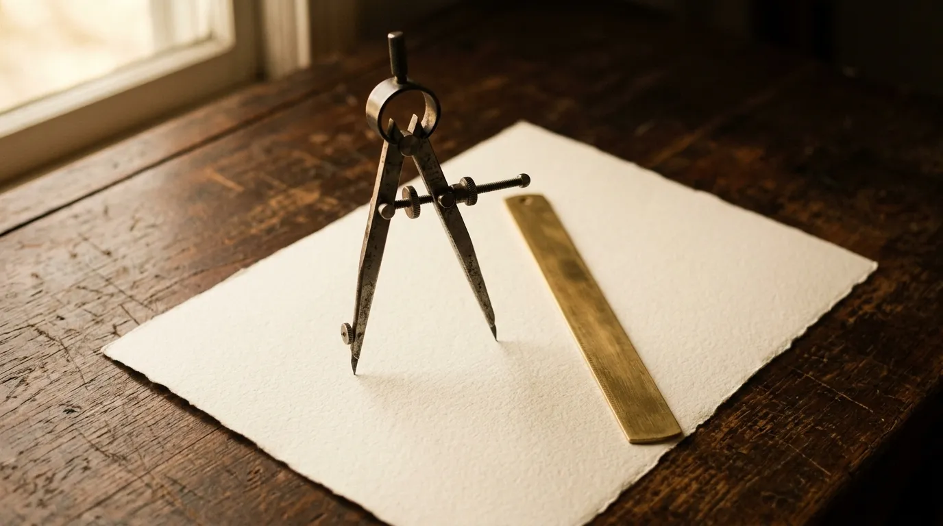 Steel dividers standing open on a blank sheet of heavy paper beside a brass ruler