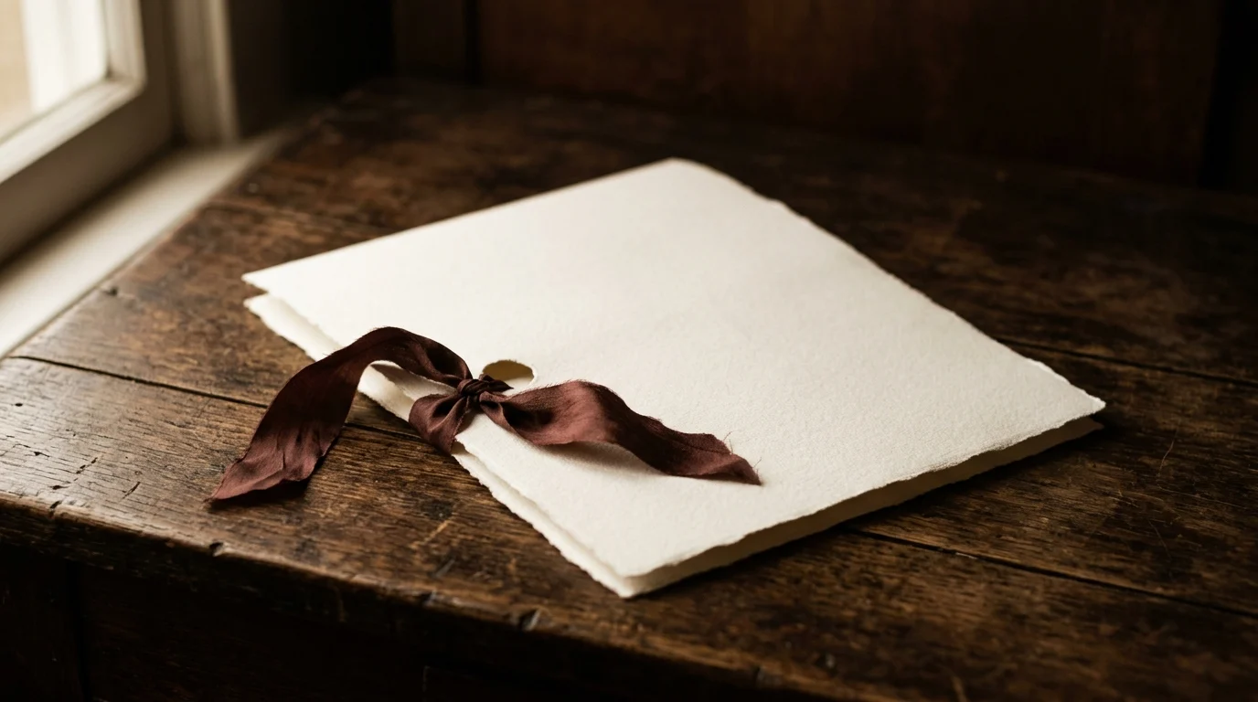 A folded blank certificate with a silk ribbon threaded through a punched hole