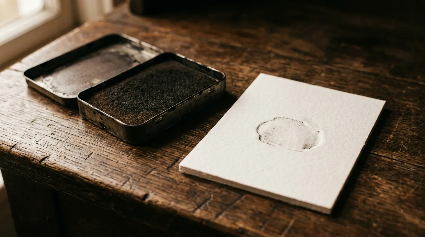 An open tin of dark stamp-pad ink beside a blank card with a single press mark