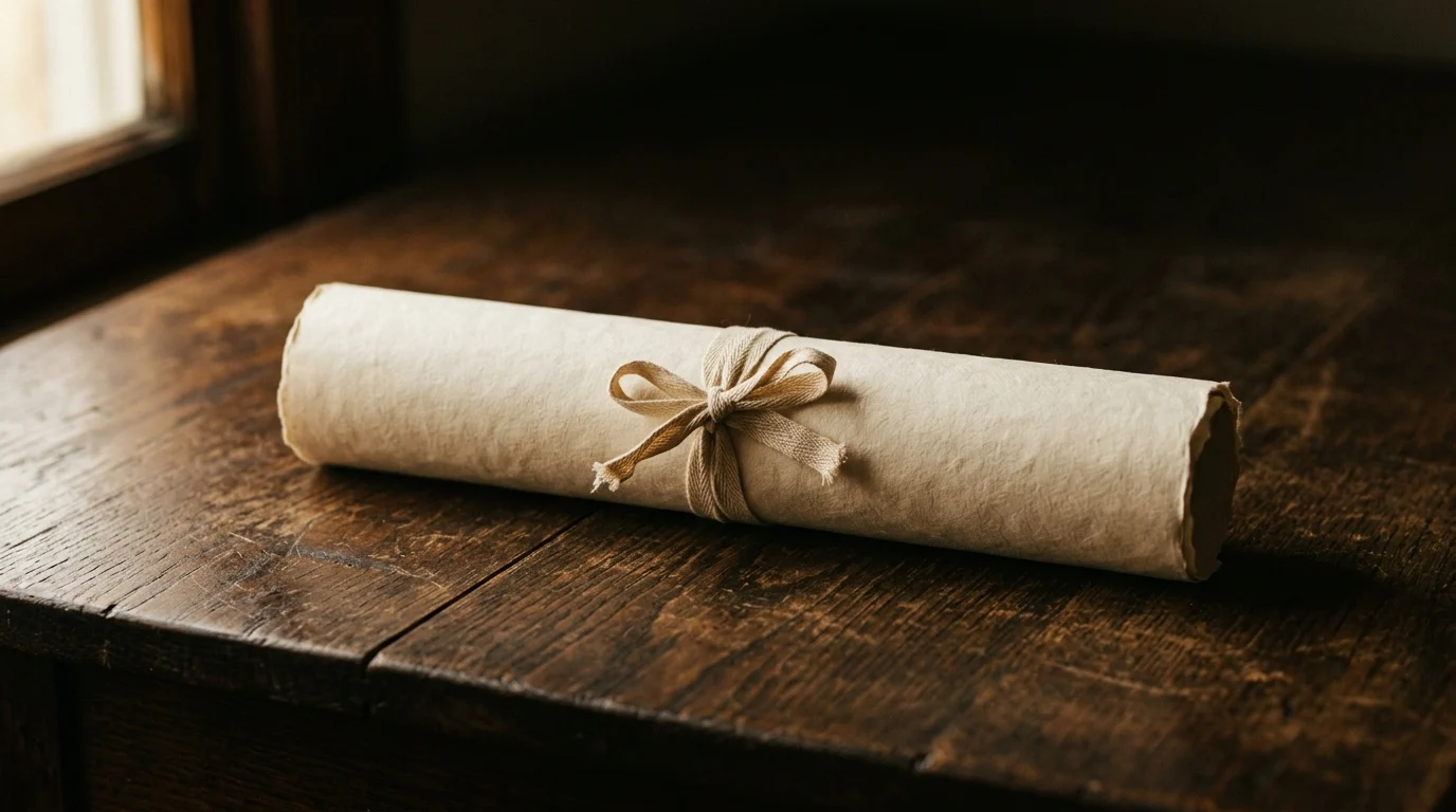 A rolled blank document tied with cotton tape lying alone