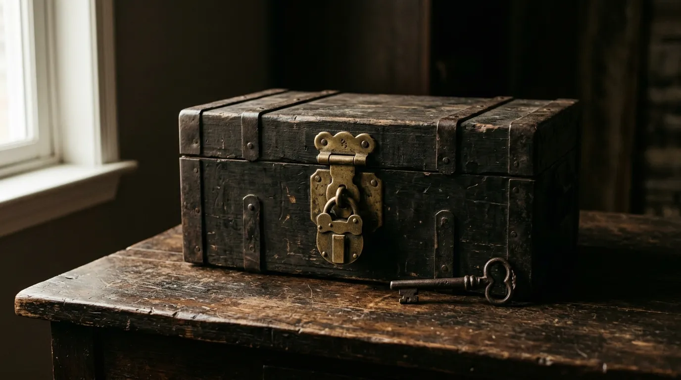 A strongbox with a heavy brass hasp standing closed with a key beside it