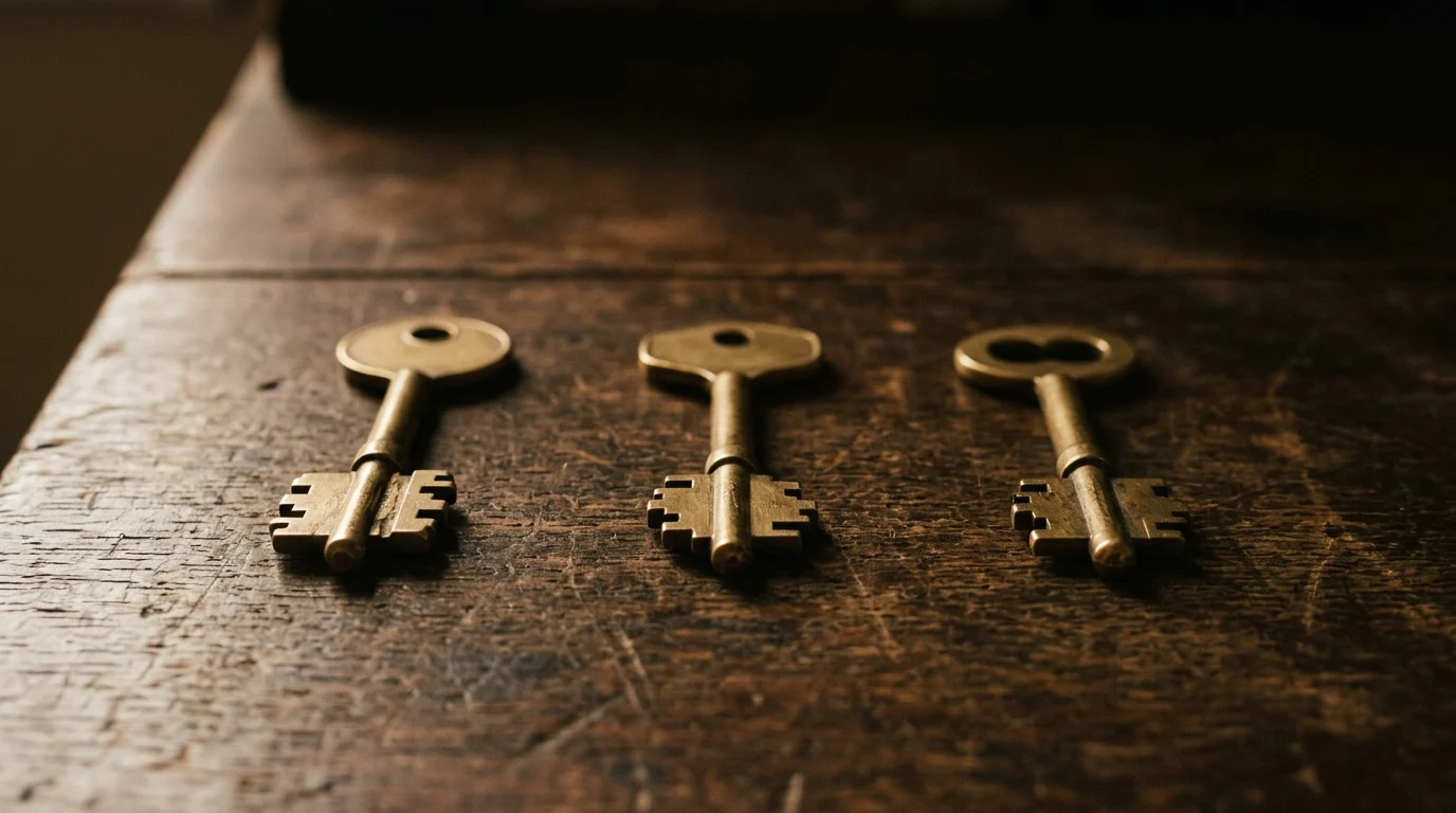Three brass keys of different cuts lying separated in a row