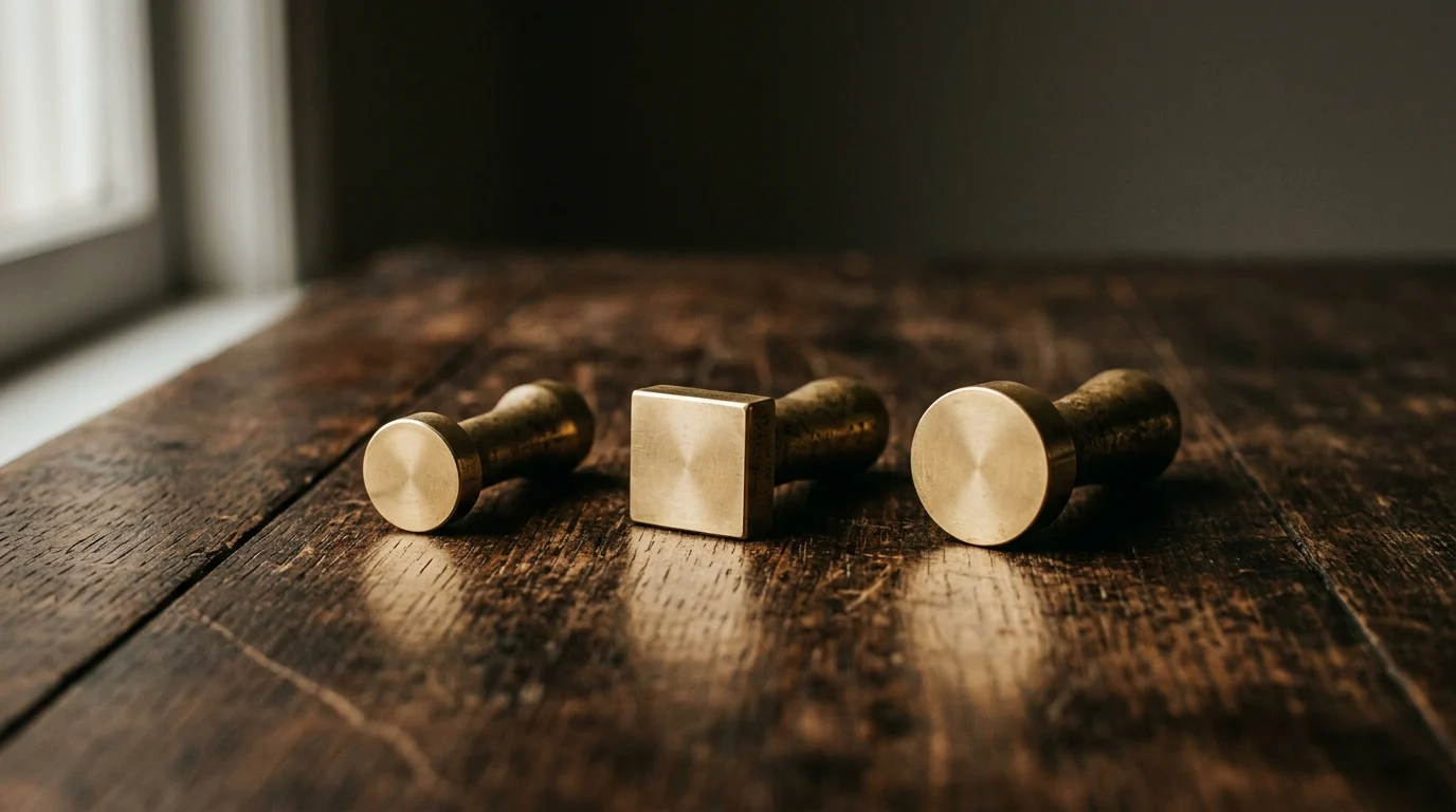 Three brass hand-stamps lying separated with smooth blank faces turned up