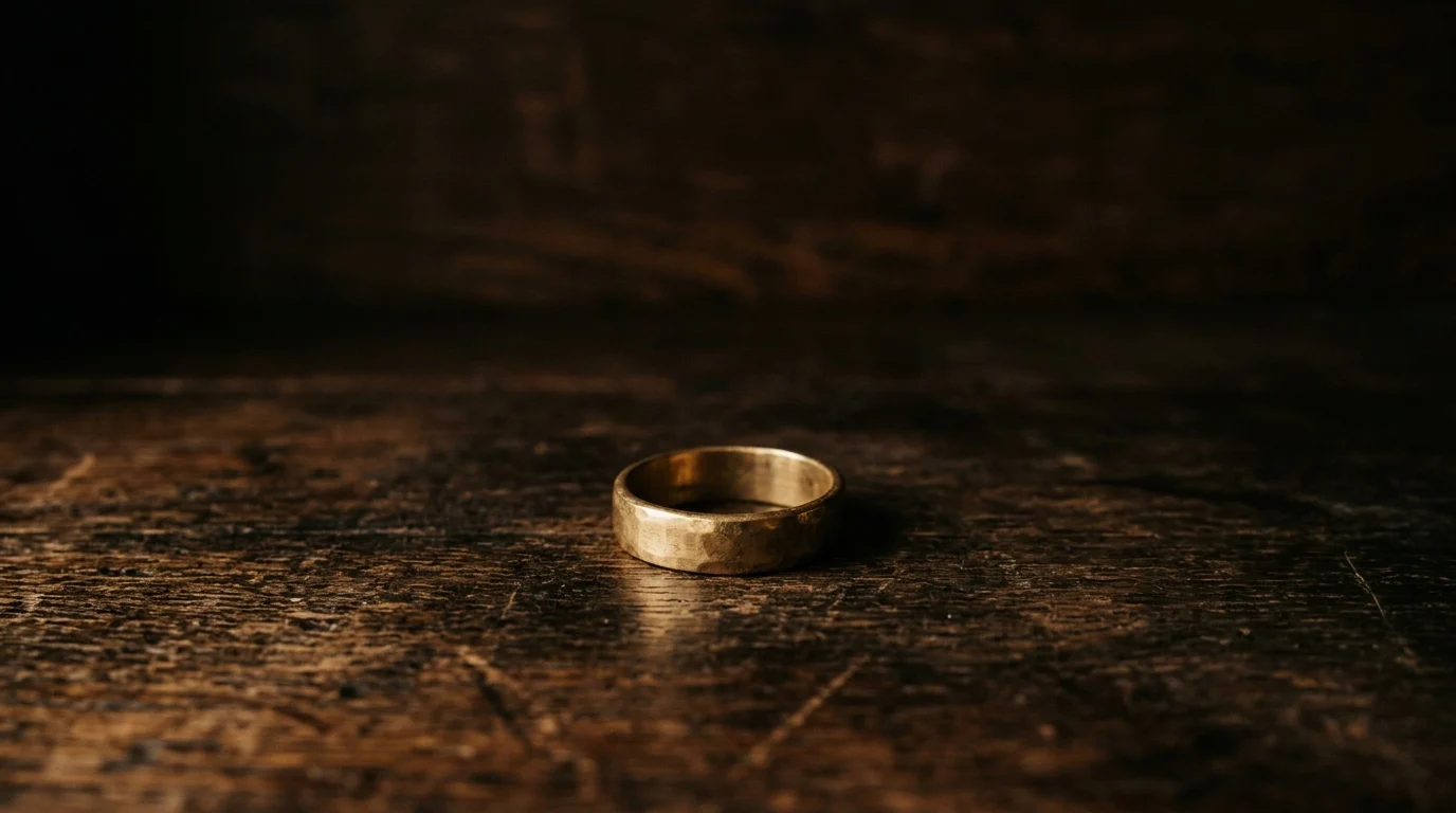 A single brass ring lying alone on a wide expanse of dark wood