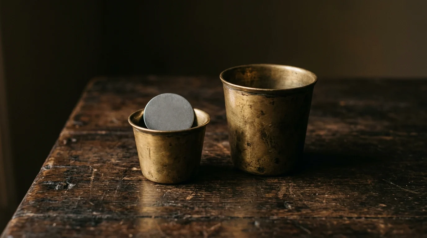 A small brass cup holding one metal disc beside a larger empty cup