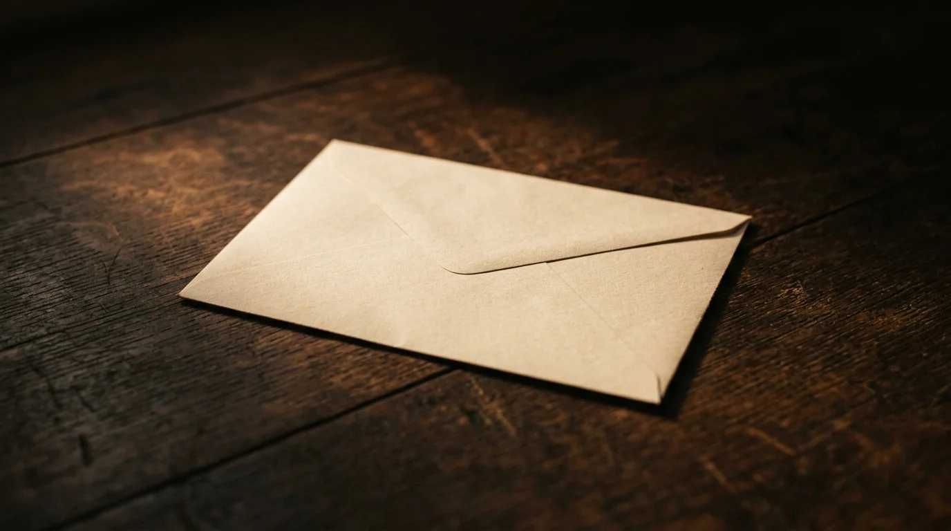 A plain blank envelope lying face down in a shaft of warm light