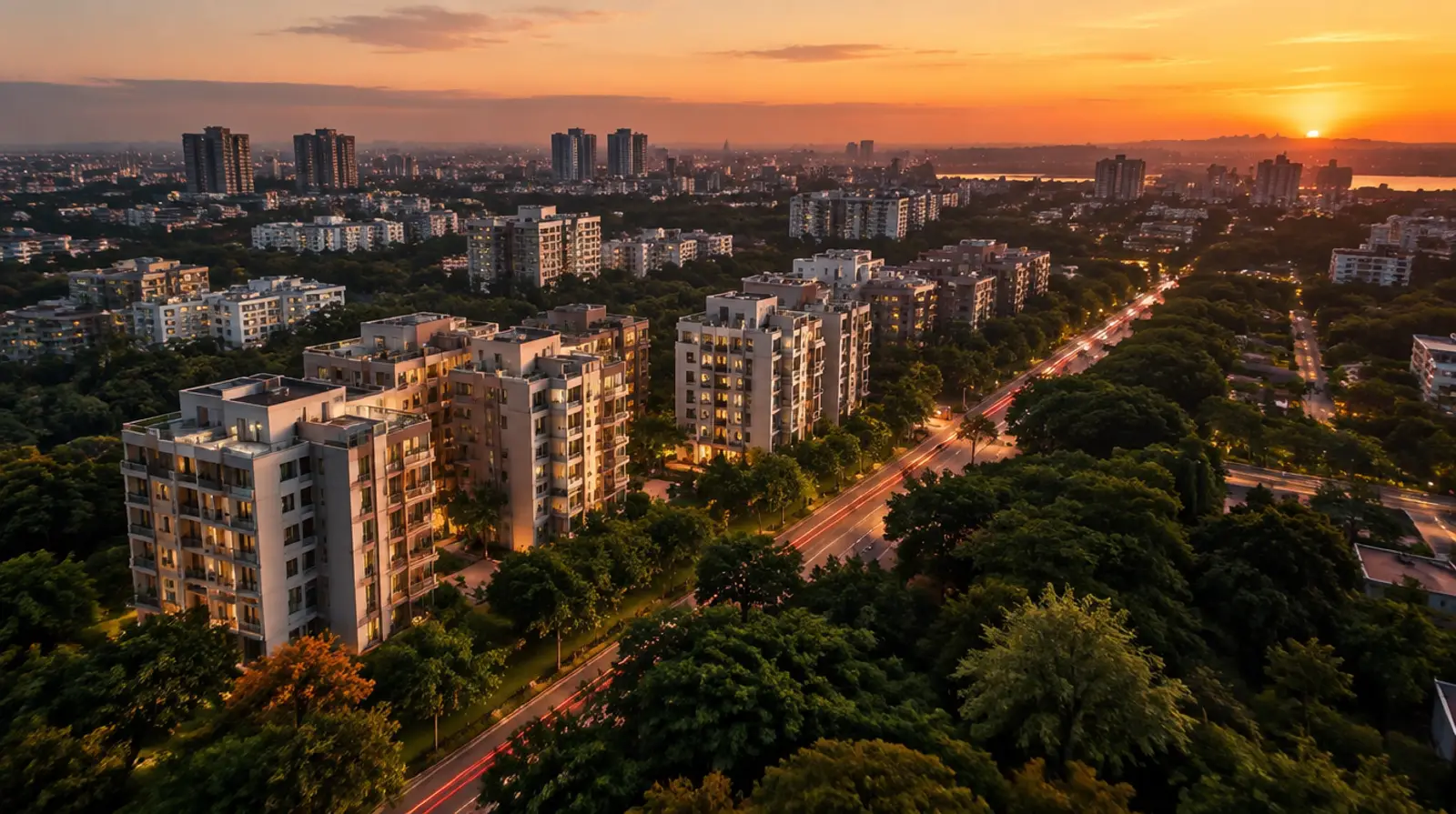 Dusk aerial view of a south-east Bengaluru corridor with mid-rise homes among rain trees and car light trails along the main road