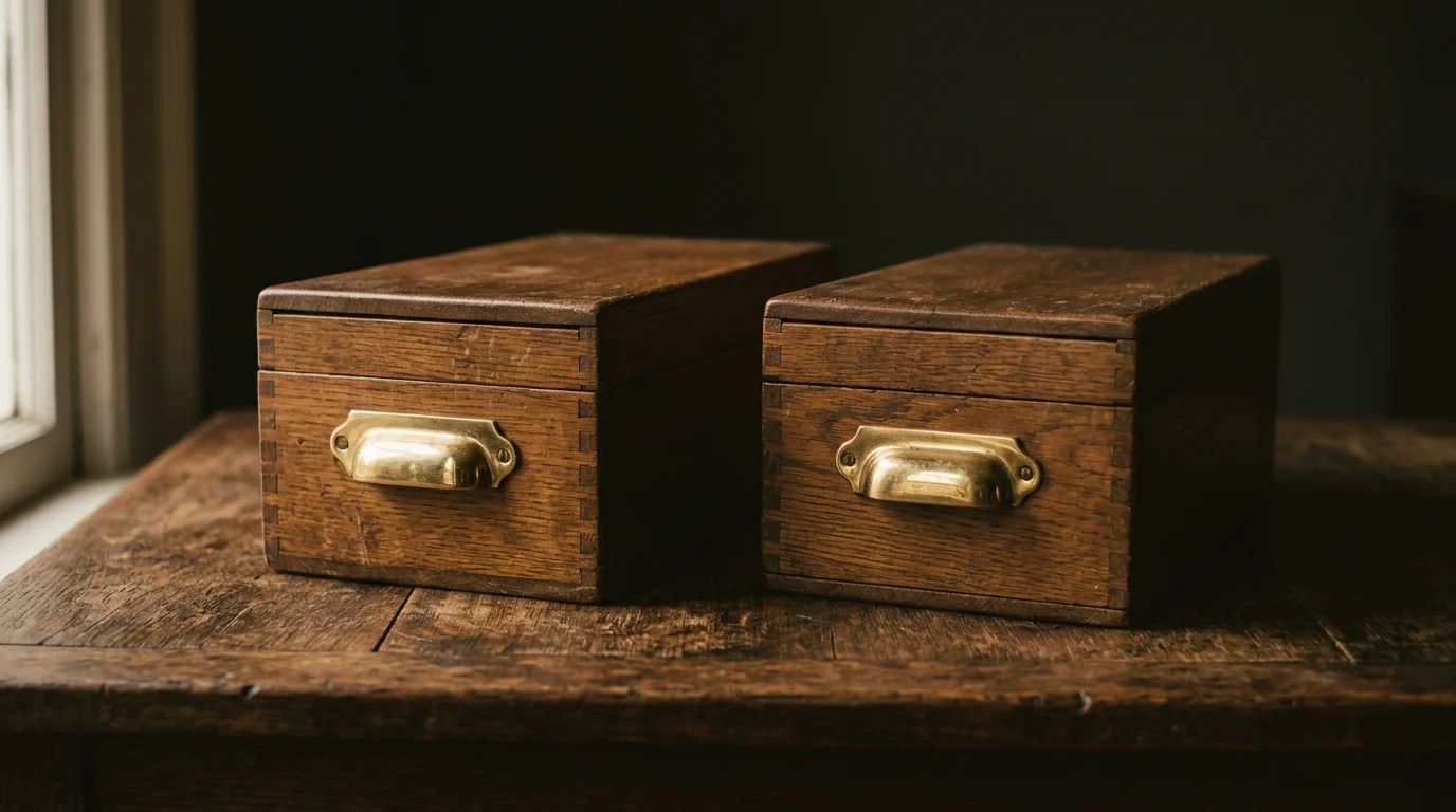 Two identical wooden card-index boxes standing apart on a desk with brass drawer pulls