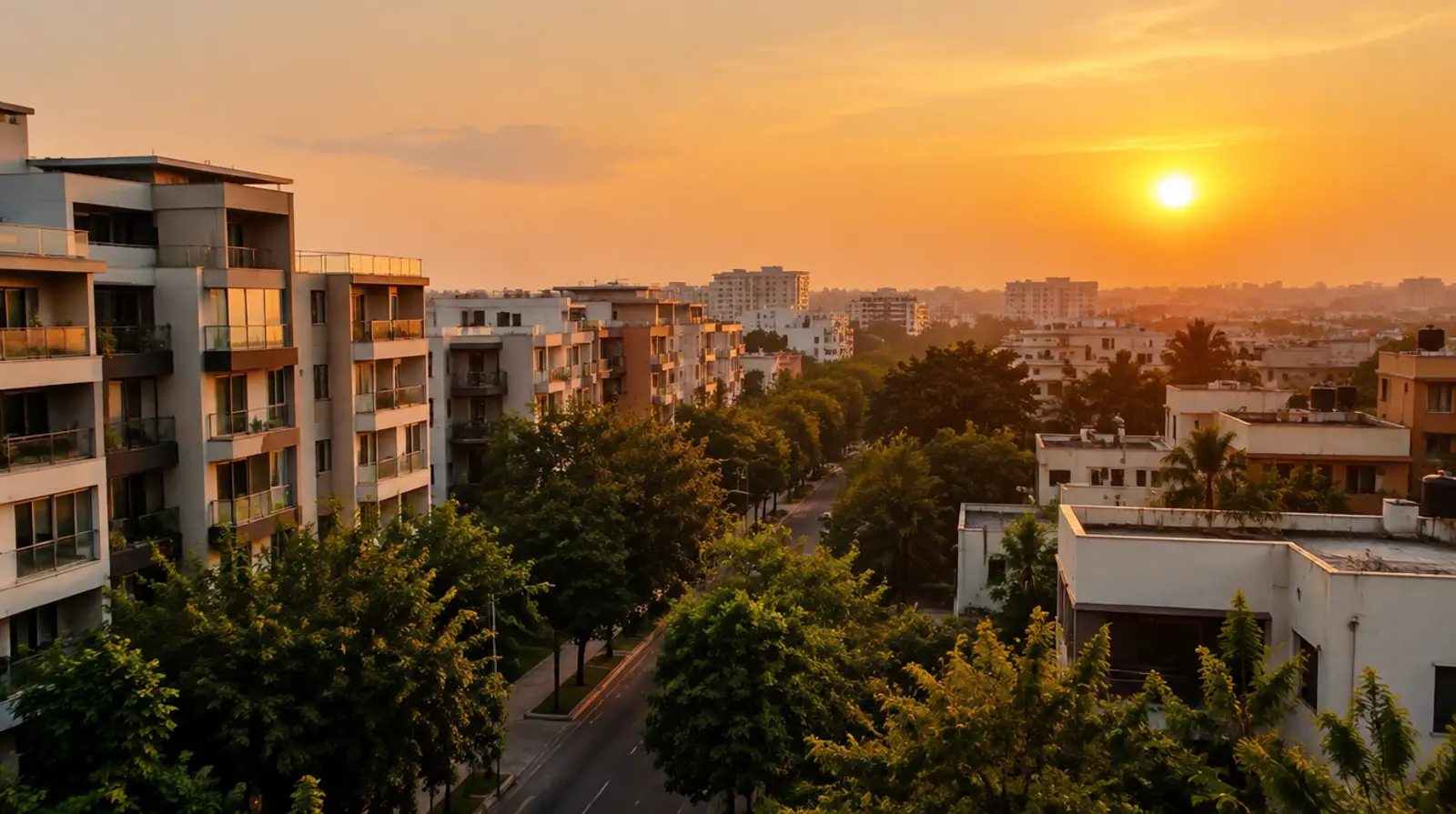 Golden-hour view from a terrace over mixed-density apartment blocks and mature trees along a south-east Bengaluru road