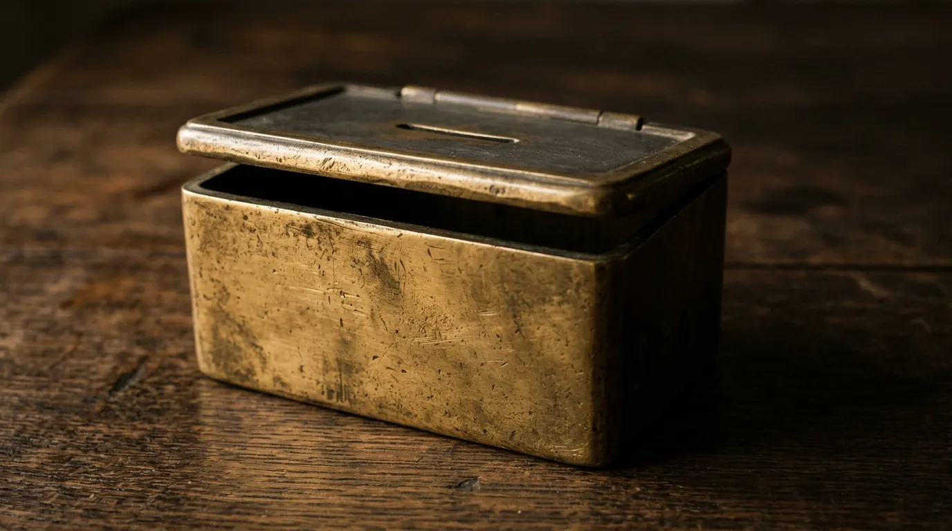 A heavy brass money box with its slotted lid ajar