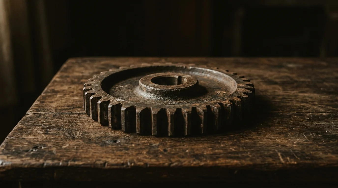 A heavy iron gear wheel lying flat on dark wood