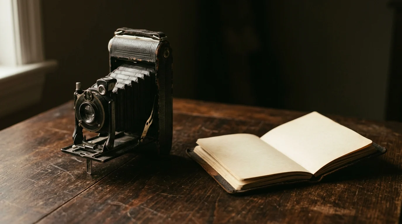 A folding bellows camera standing closed beside a blank notebook