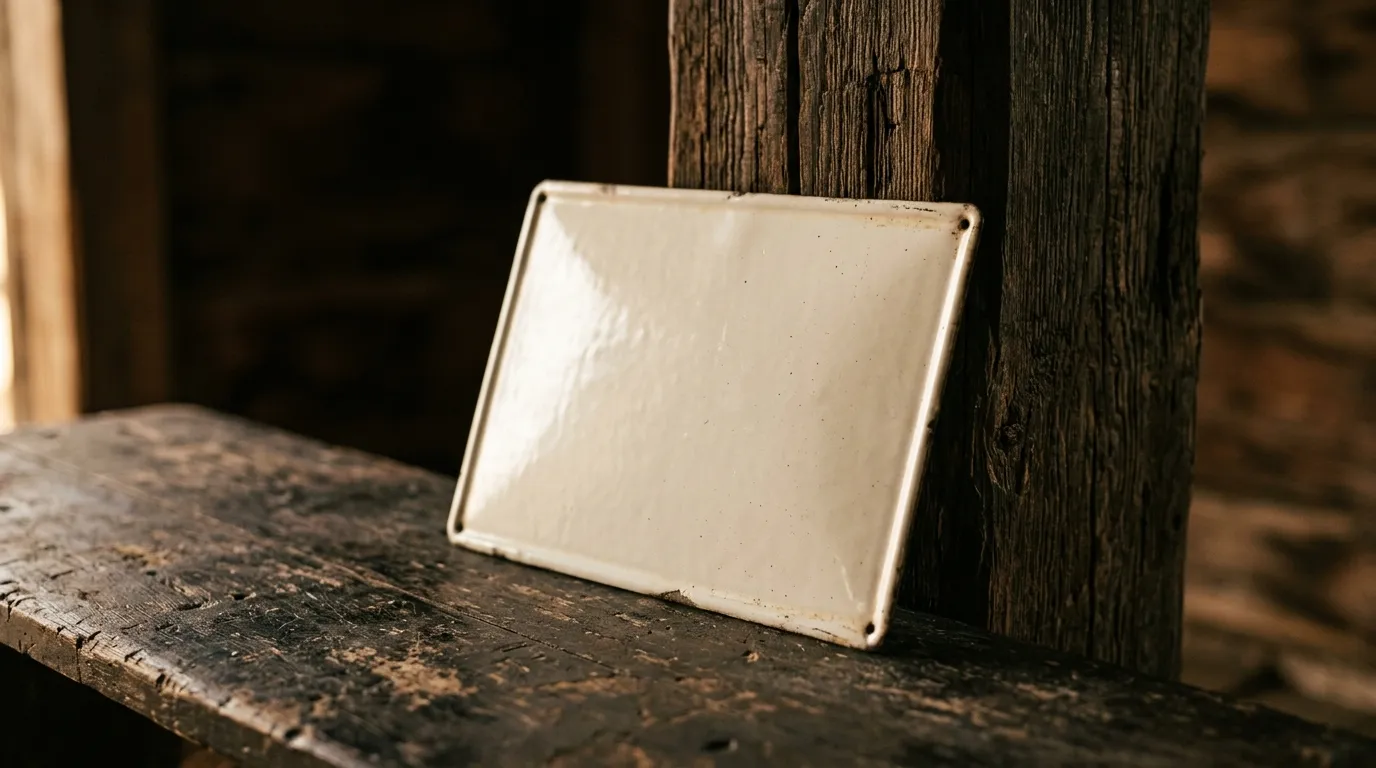 A blank enamelled metal plate leaning against a dark wooden post