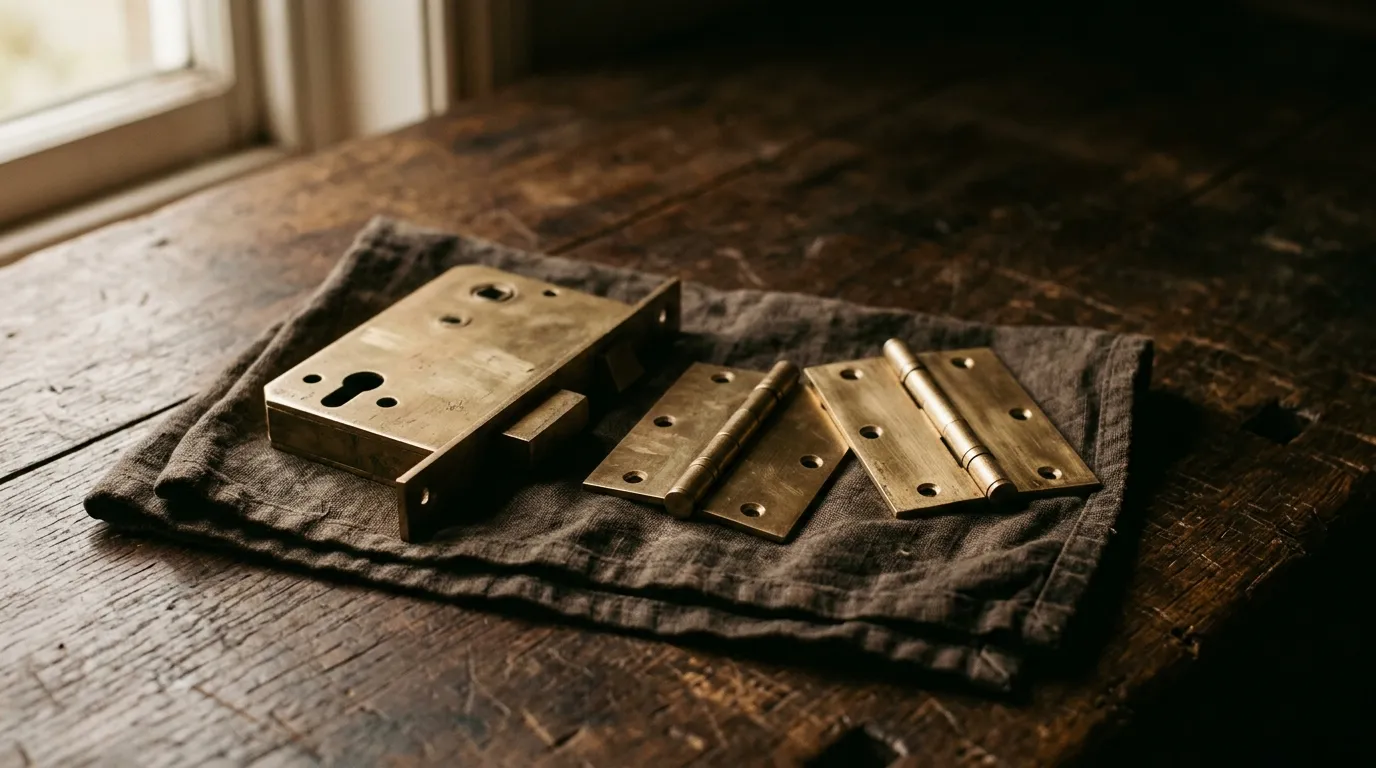 A brass mortice lock body and unfitted brass hinges on a workbench cloth