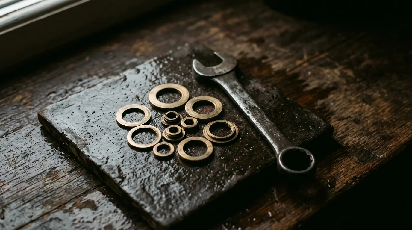 Brass tap washers and a spanner lying on a damp dark tile
