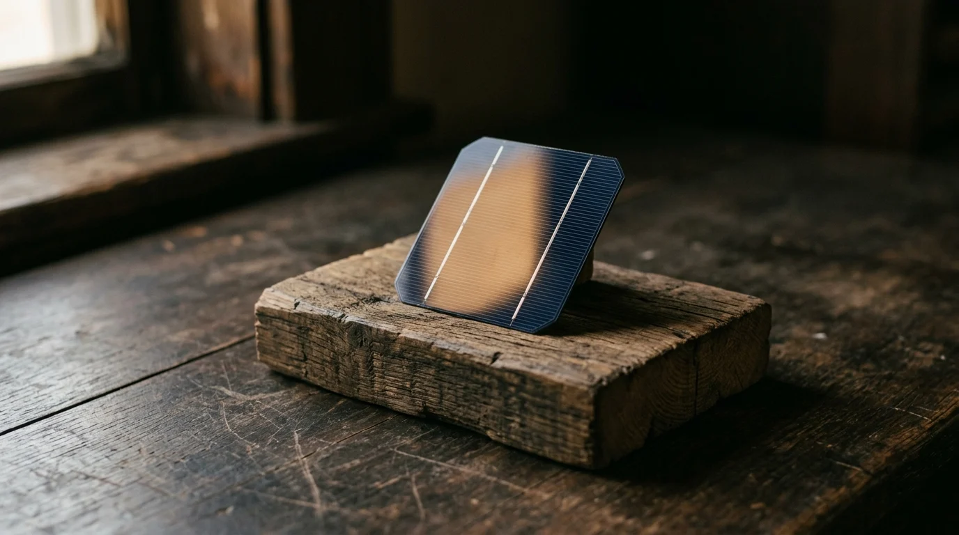 A small photovoltaic cell tile propped on a wooden block catching a warm reflection