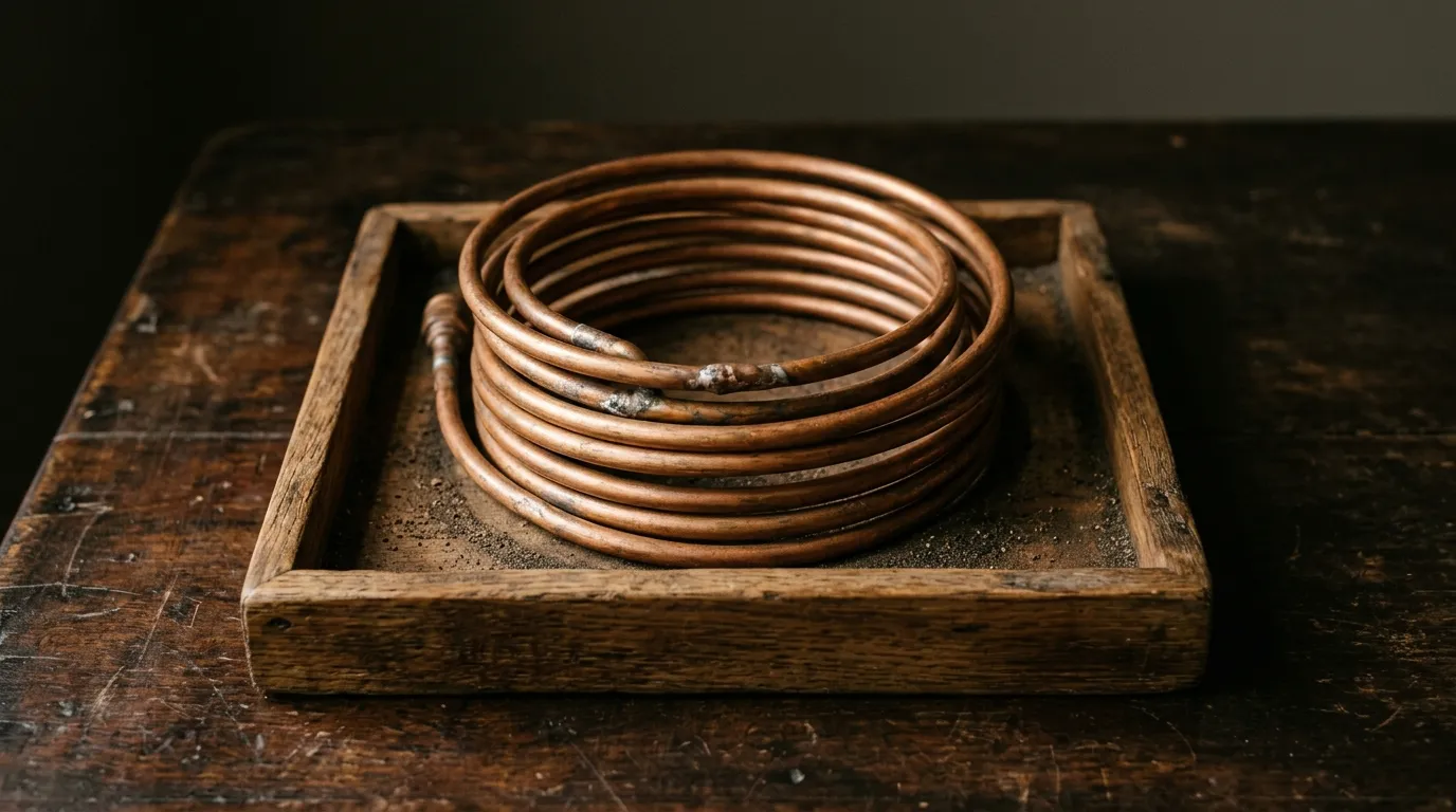 A coiled copper heat-exchanger pipe lying in a shallow wooden tray