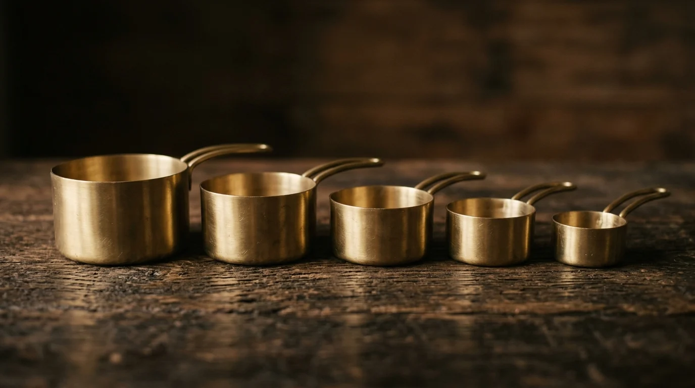 Five nested brass measuring cups standing separated in descending order