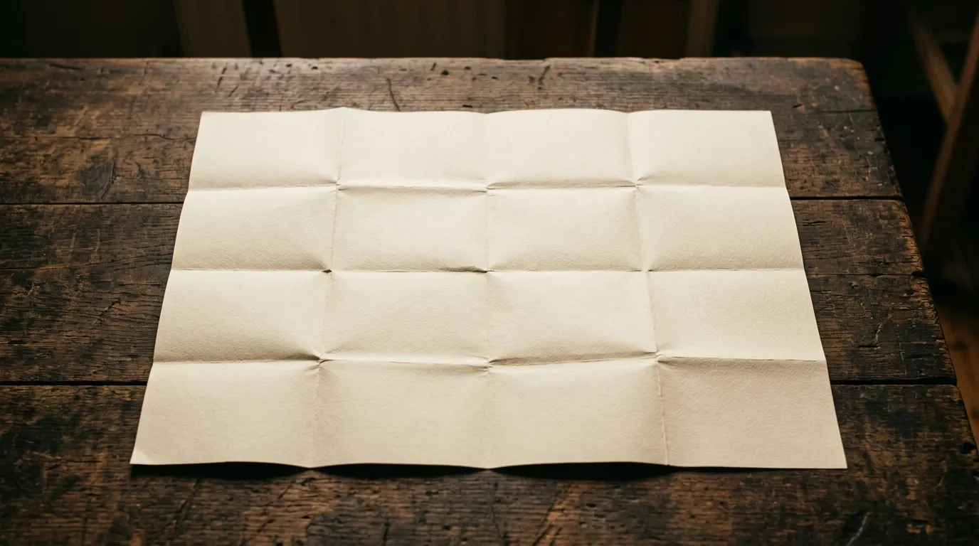 A blank sheet of cream paper creased into folded map squares, lying open