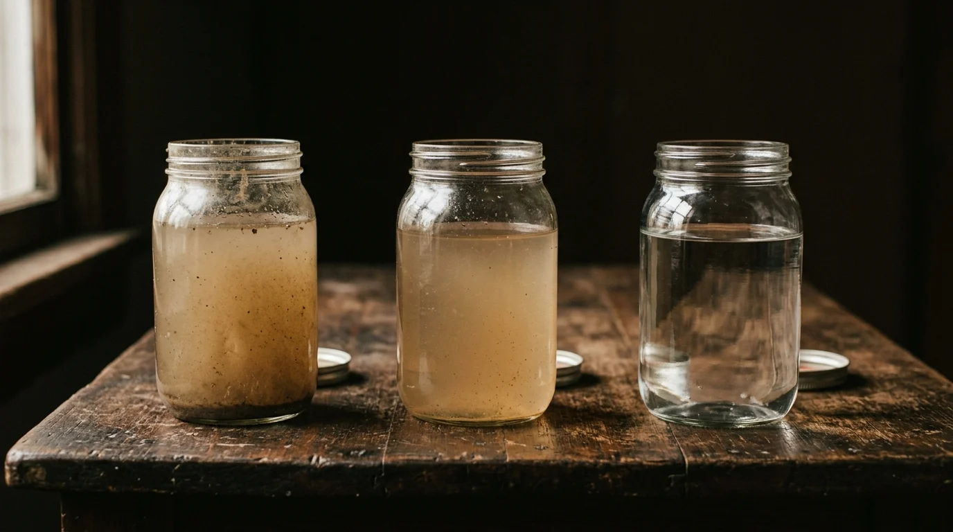 Three glass jars holding water of decreasing cloudiness standing in a row