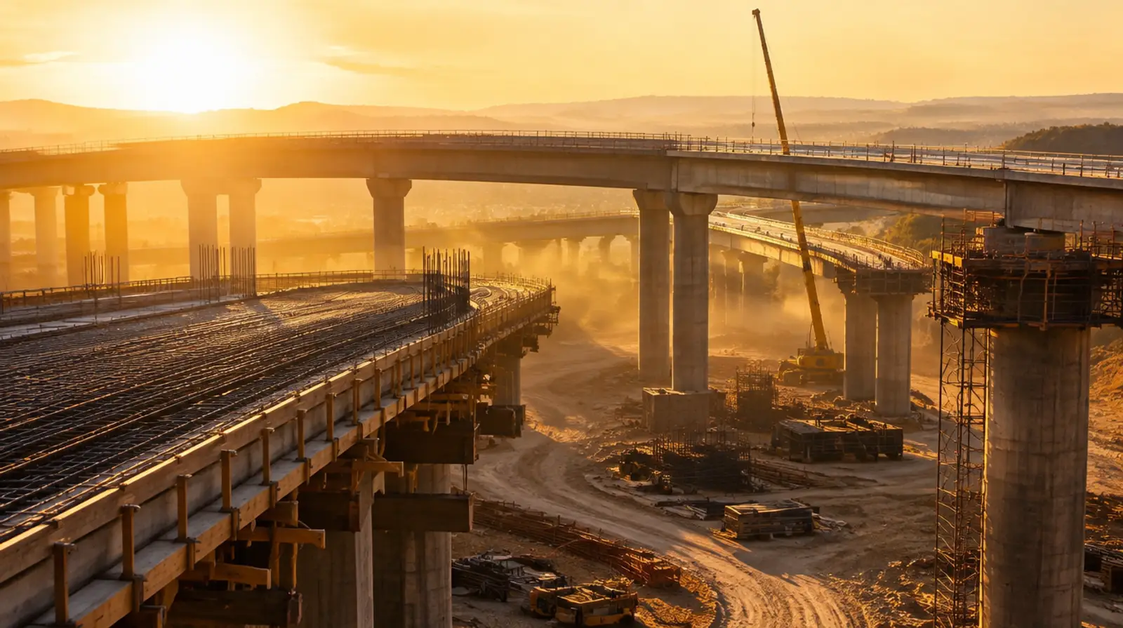 Concrete highway interchange under construction in golden light, with exposed rebar, formwork and dust haze