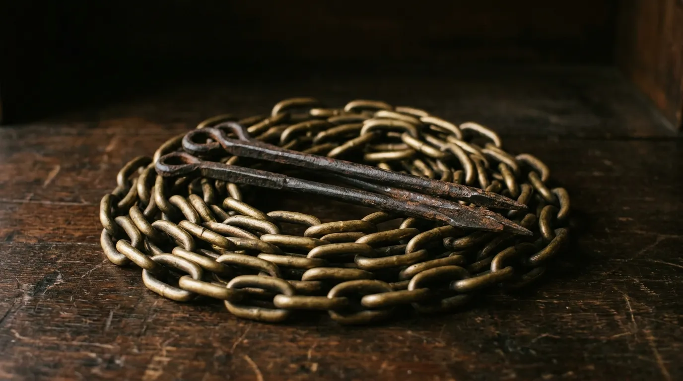 A coiled brass surveyor's chain with three iron marking arrows laid across it