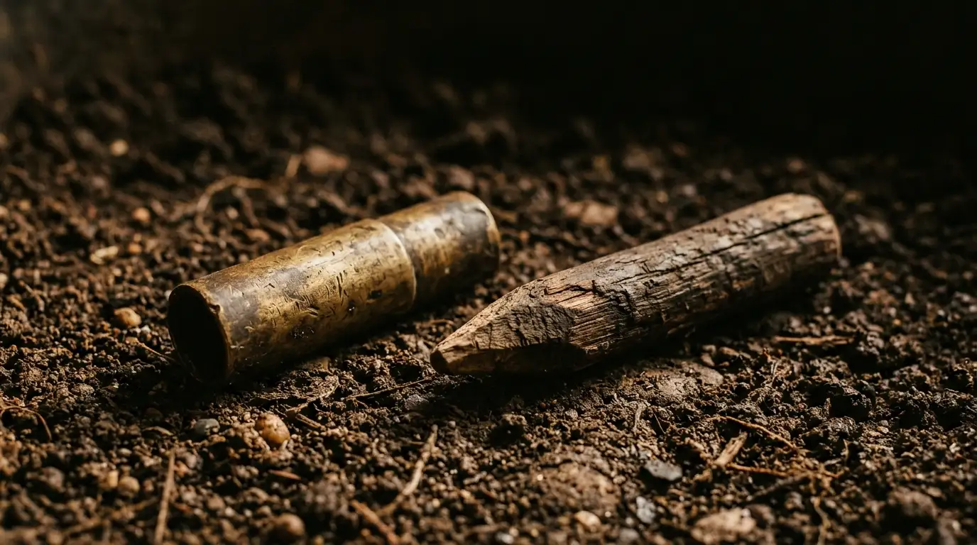 A brass ranging-rod ferrule and a short wooden stake lying on dark earth