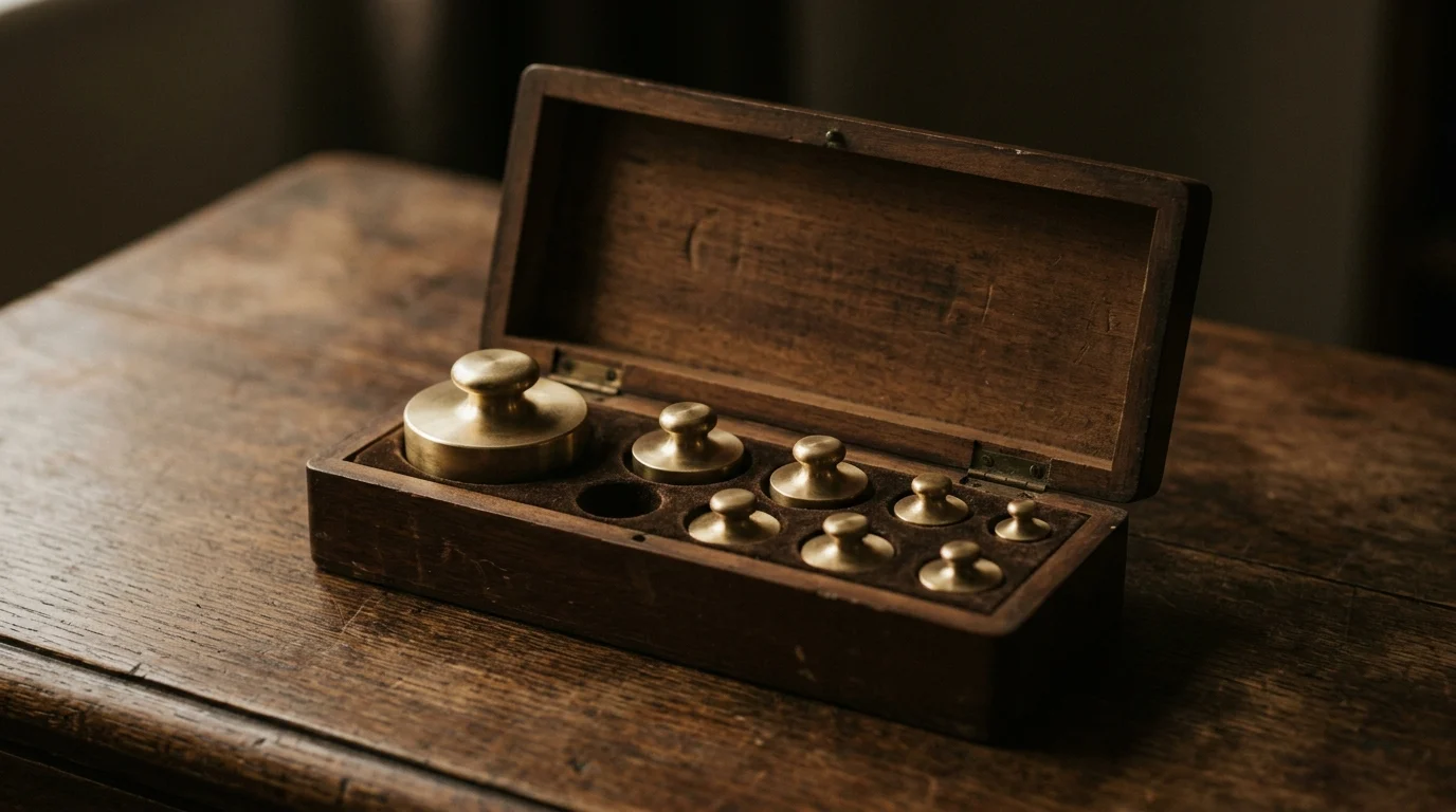 A wooden case of graduated brass weights with its lid open