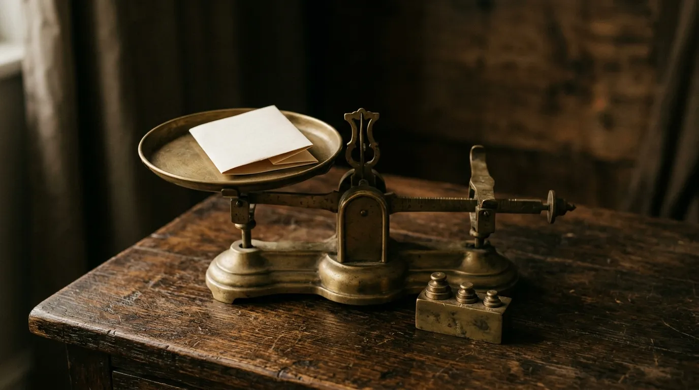 A brass letter-scale holding a blank folded paper with weights stacked beside it