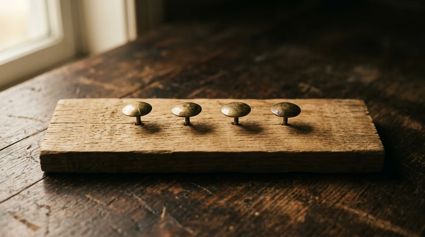 Four brass thumb tacks pressed in a row into a plain wooden board