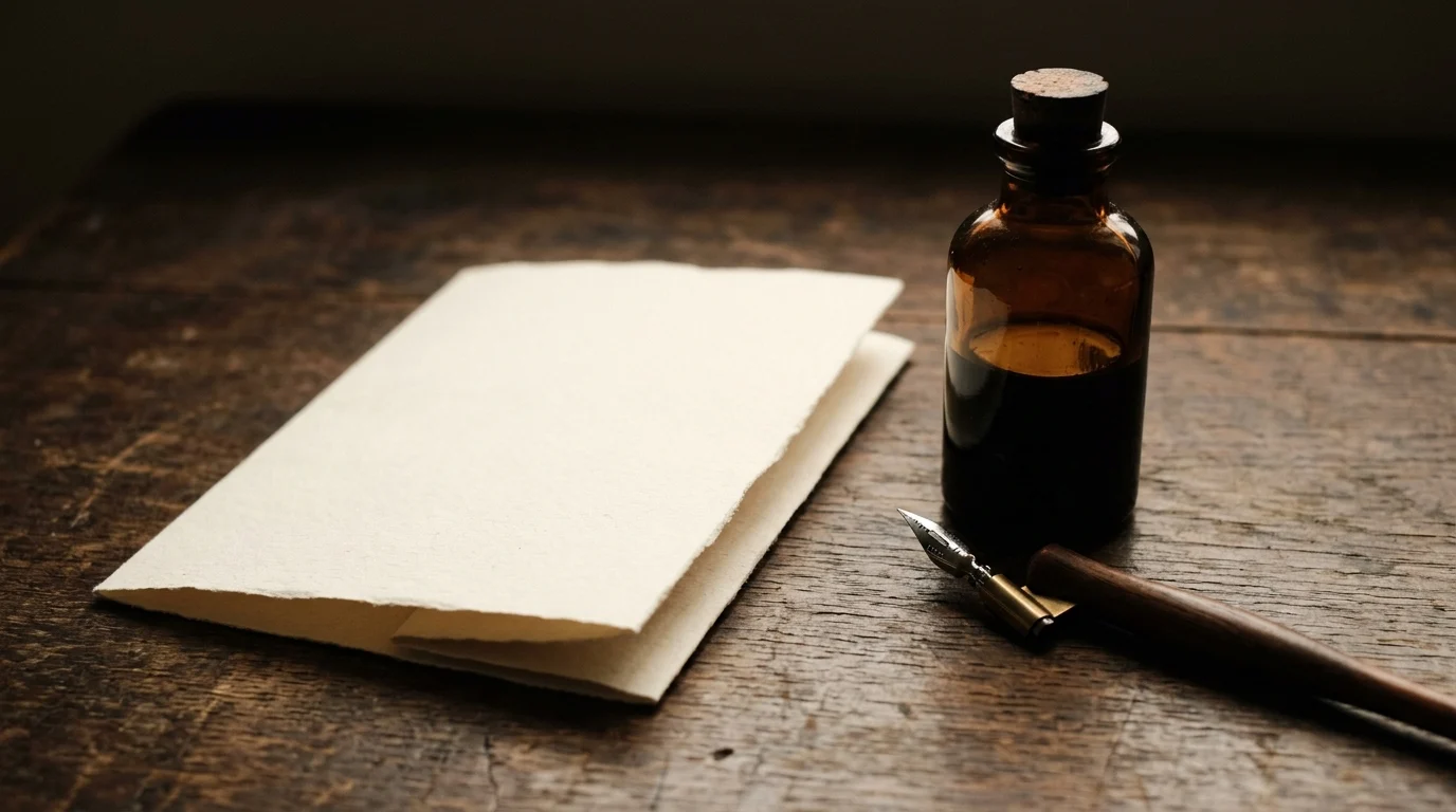 A blank folded document beside an amber ink bottle and a steel-nibbed dip pen