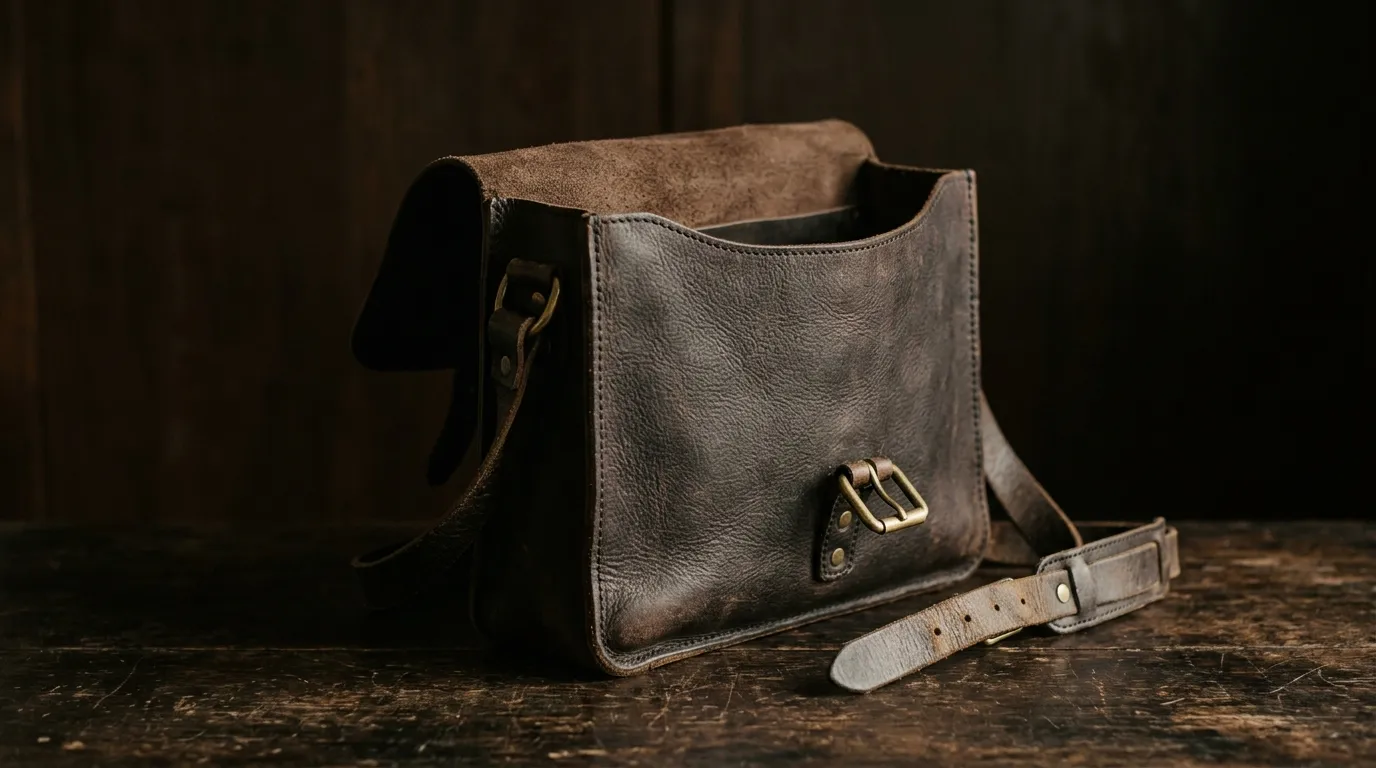 A leather document satchel with its brass buckle unfastened