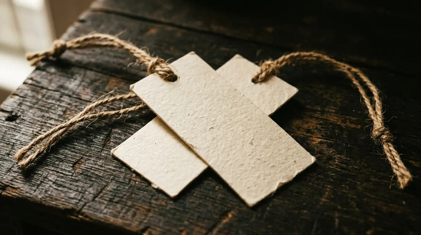 Two blank paper tags on jute cords lying crossed over one another